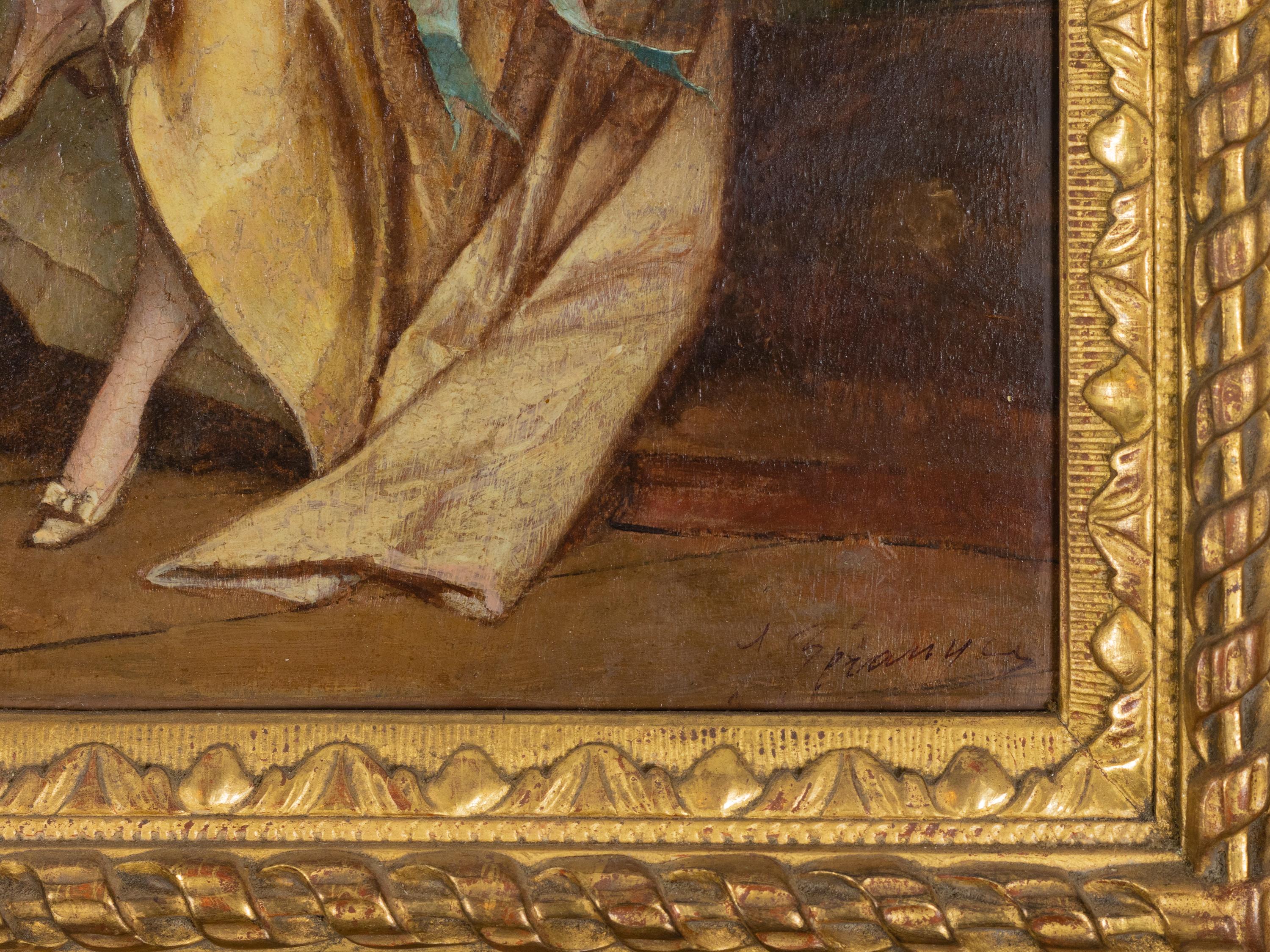 Ein Gemälde des 19. Jahrhunderts von einem verliebten Paar / galante Szene der griechisch-römischen Inspiration der Schule von Antoine Watteau Watteau von Jean Baptiste Emile Beranger.

Beranger Unterschrift.

Künstler: Jean-Baptiste-Antoine-Emile