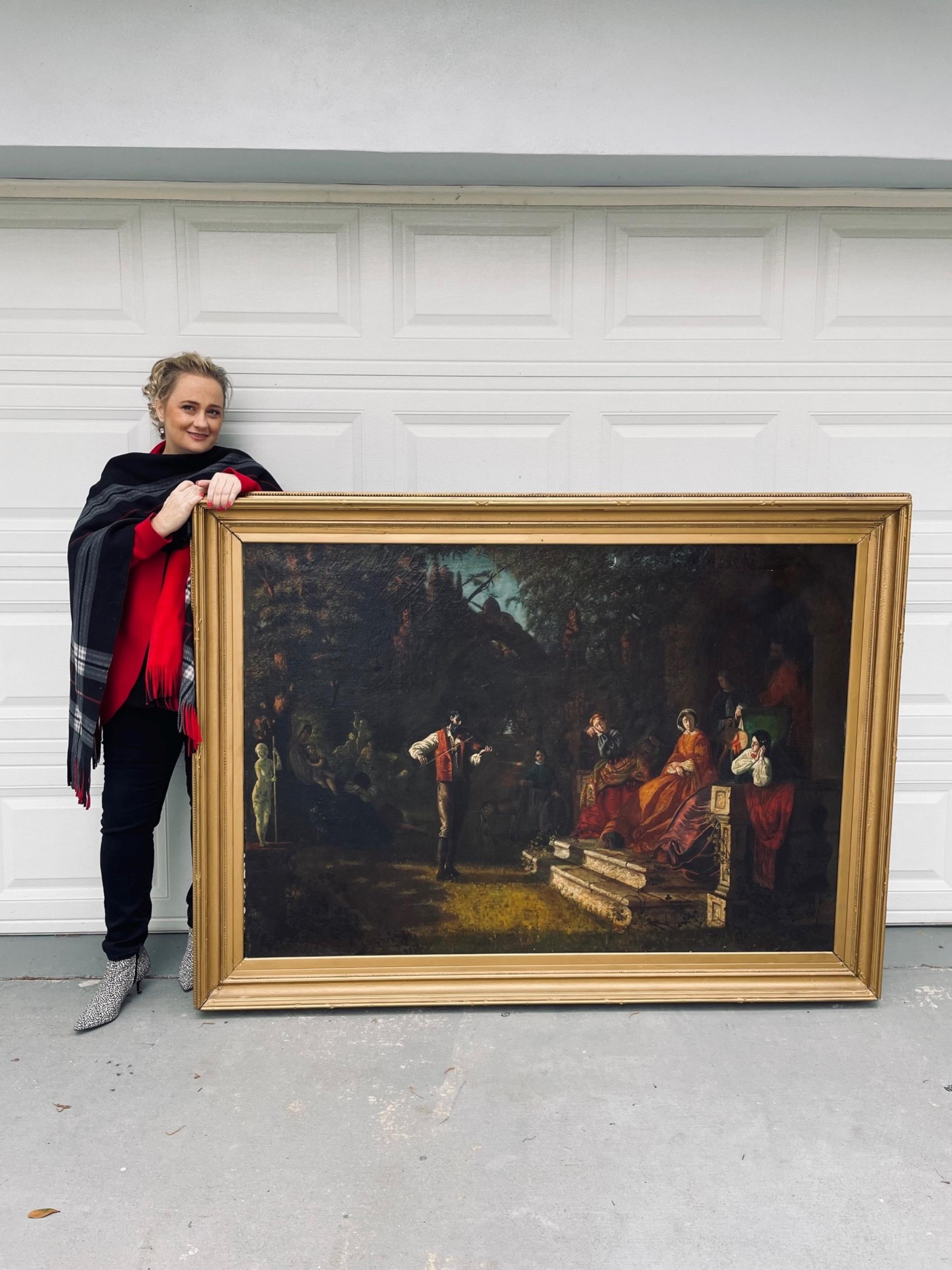 Hand-Painted 19th Century Neoclassical Spanish Large Genre Painting Attr. For Sale