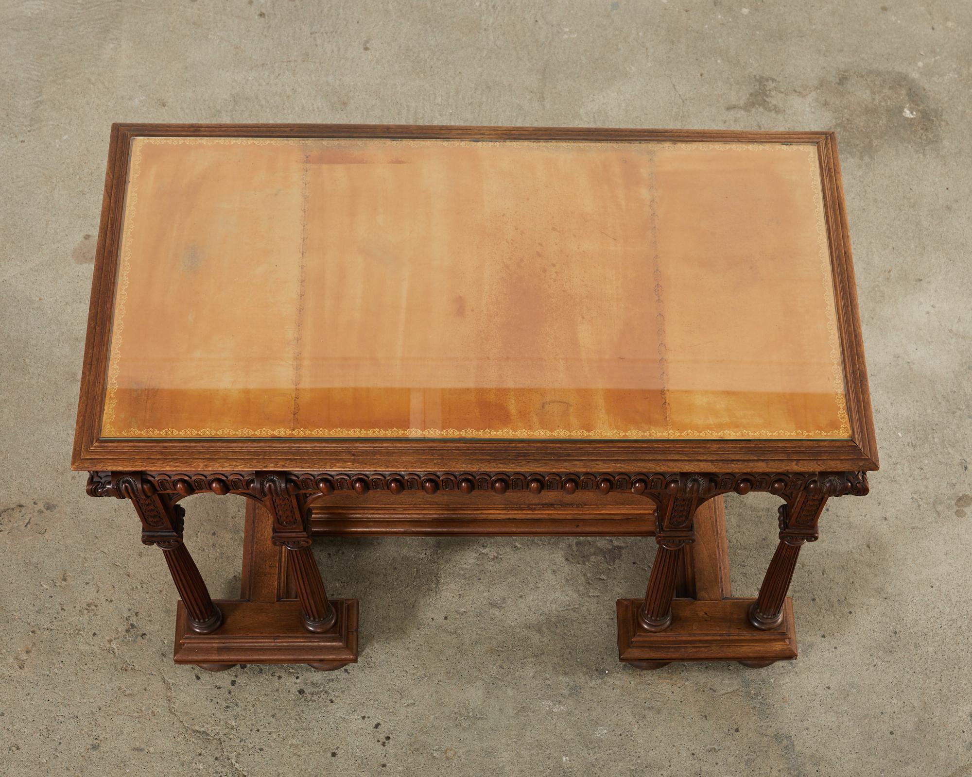 Brass 19th Century Neoclassical Style English Oak Library Table Desk  For Sale