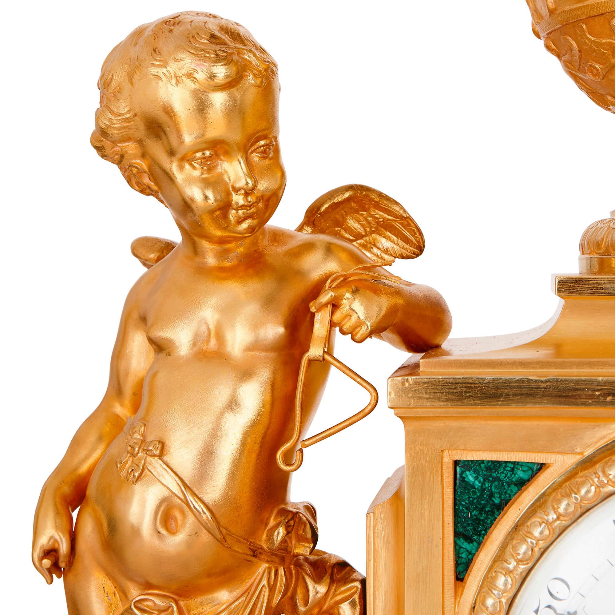 19th Century Neoclassical Style Gilt Bronze and Malachite Clock Set 1