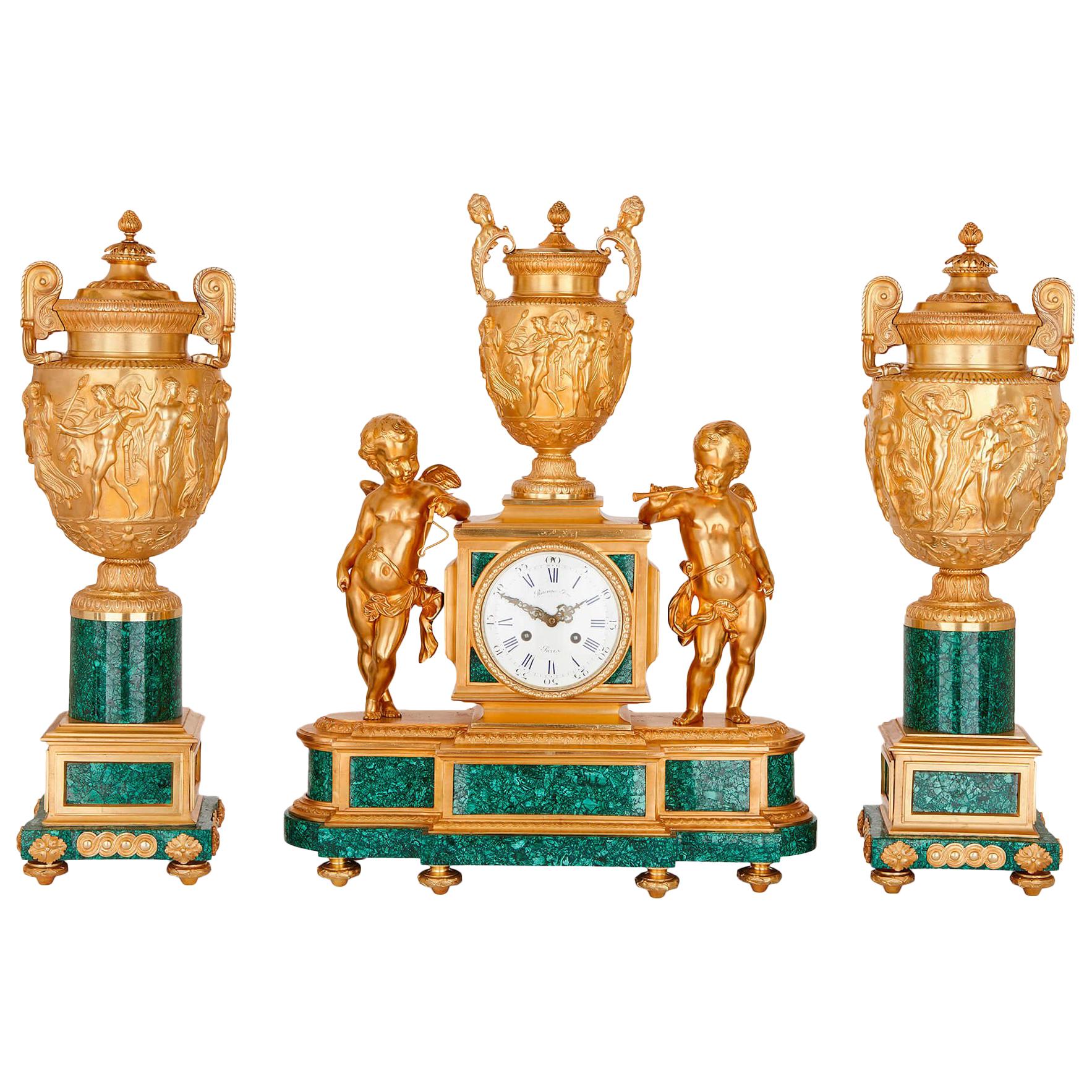 19th Century Neoclassical Style Gilt Bronze and Malachite Clock Set