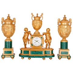 Antique 19th Century Neoclassical Style Gilt Bronze and Malachite Clock Set