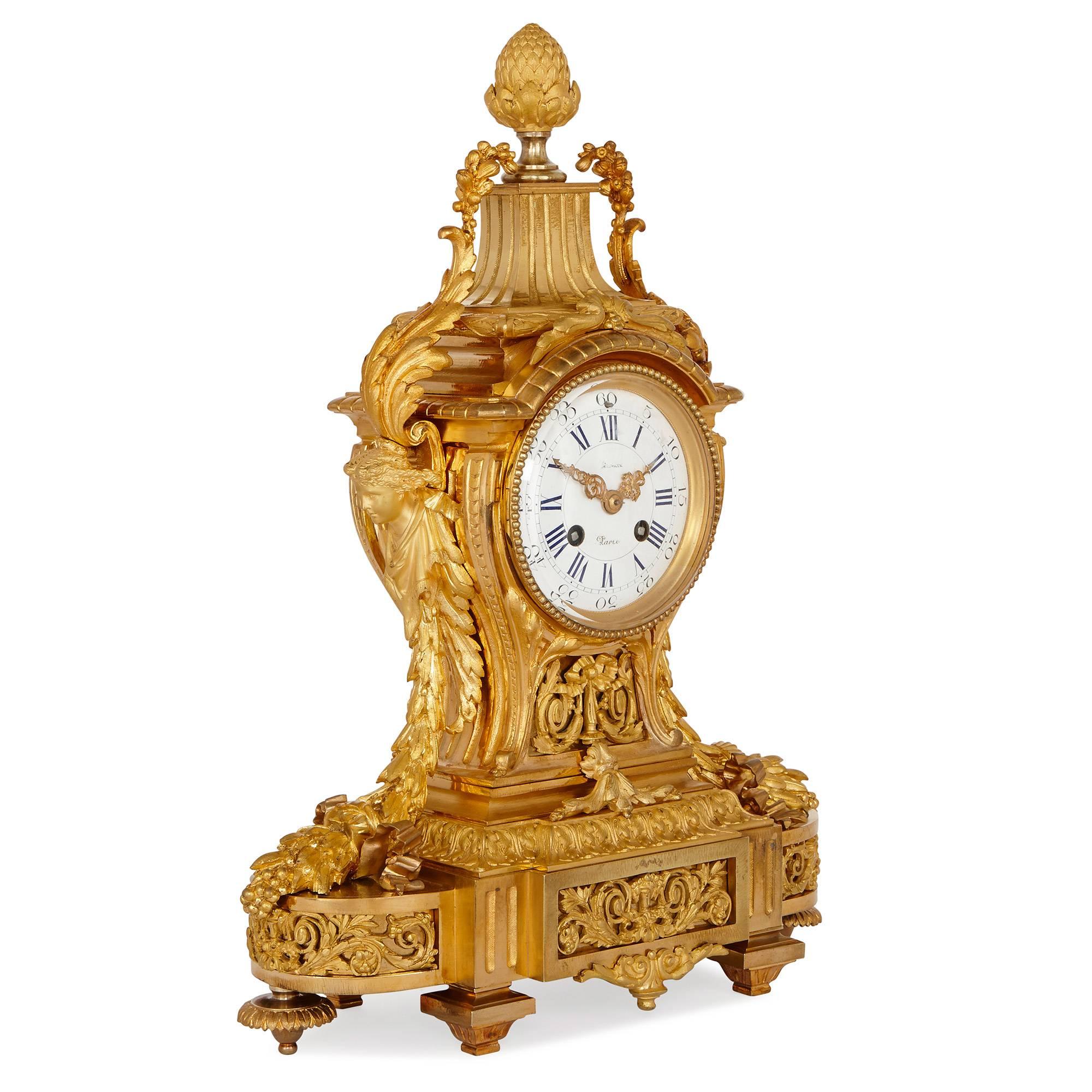 French 19th Century Neoclassical Style Gilt Bronze Clock Set by Picard