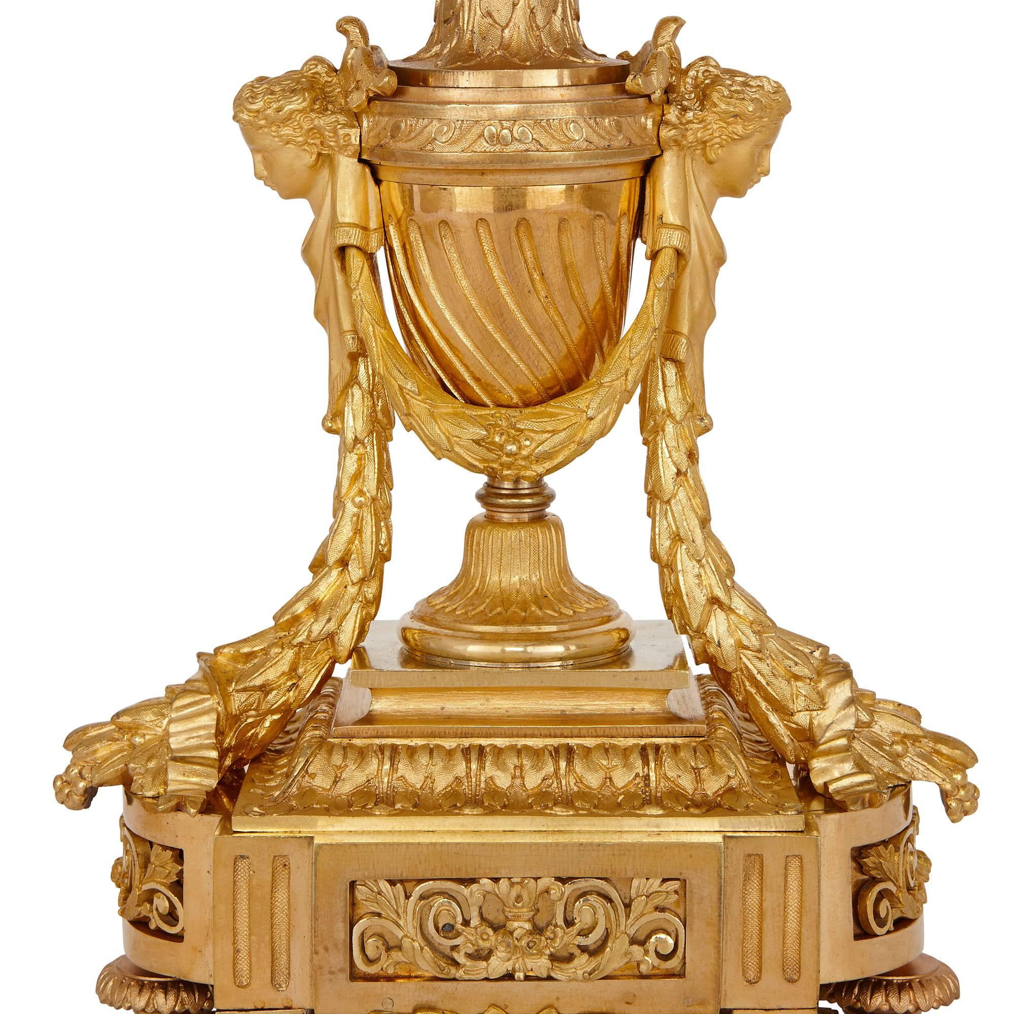 Ormolu 19th Century Neoclassical Style Gilt Bronze Clock Set by Picard