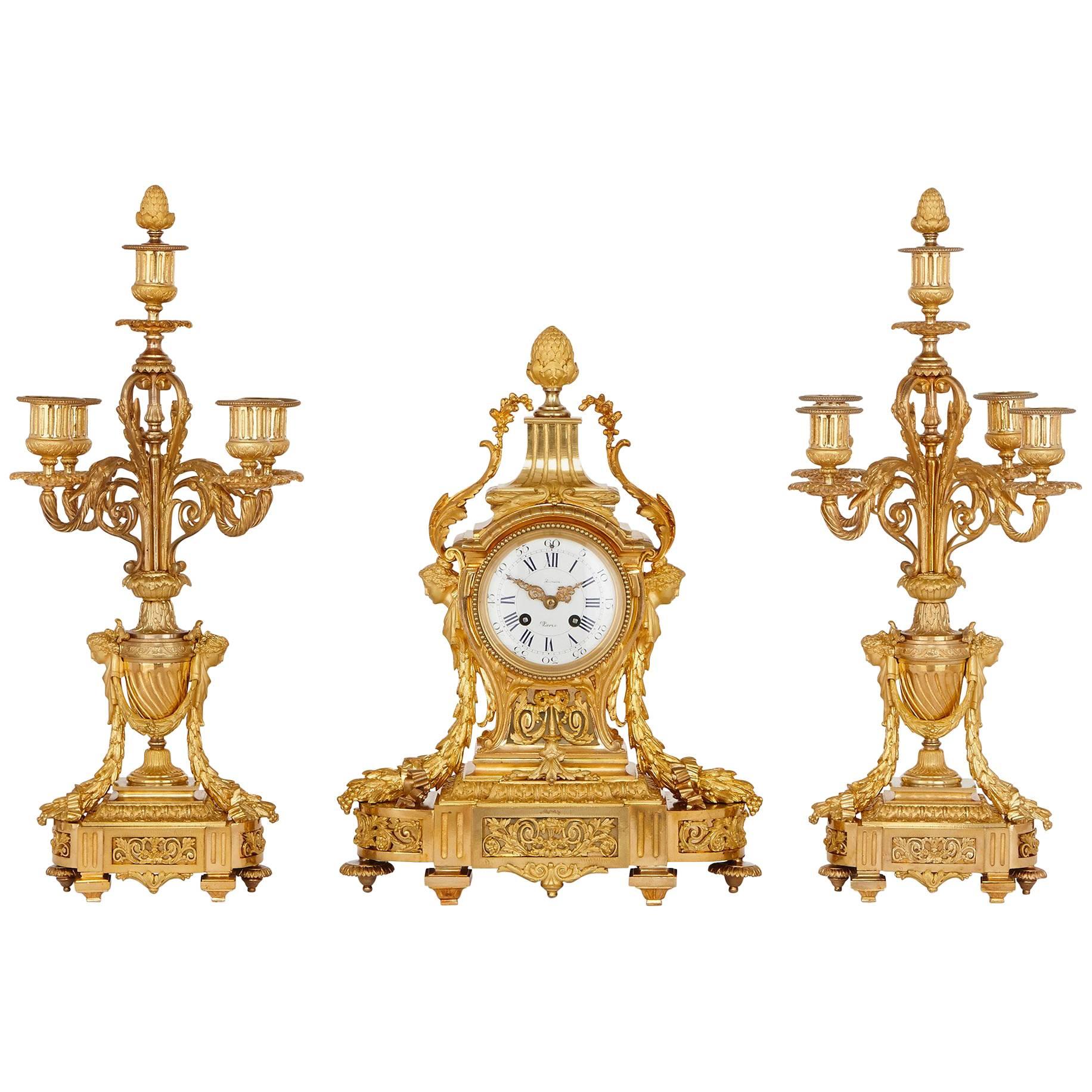 19th Century Neoclassical Style Gilt Bronze Clock Set by Picard