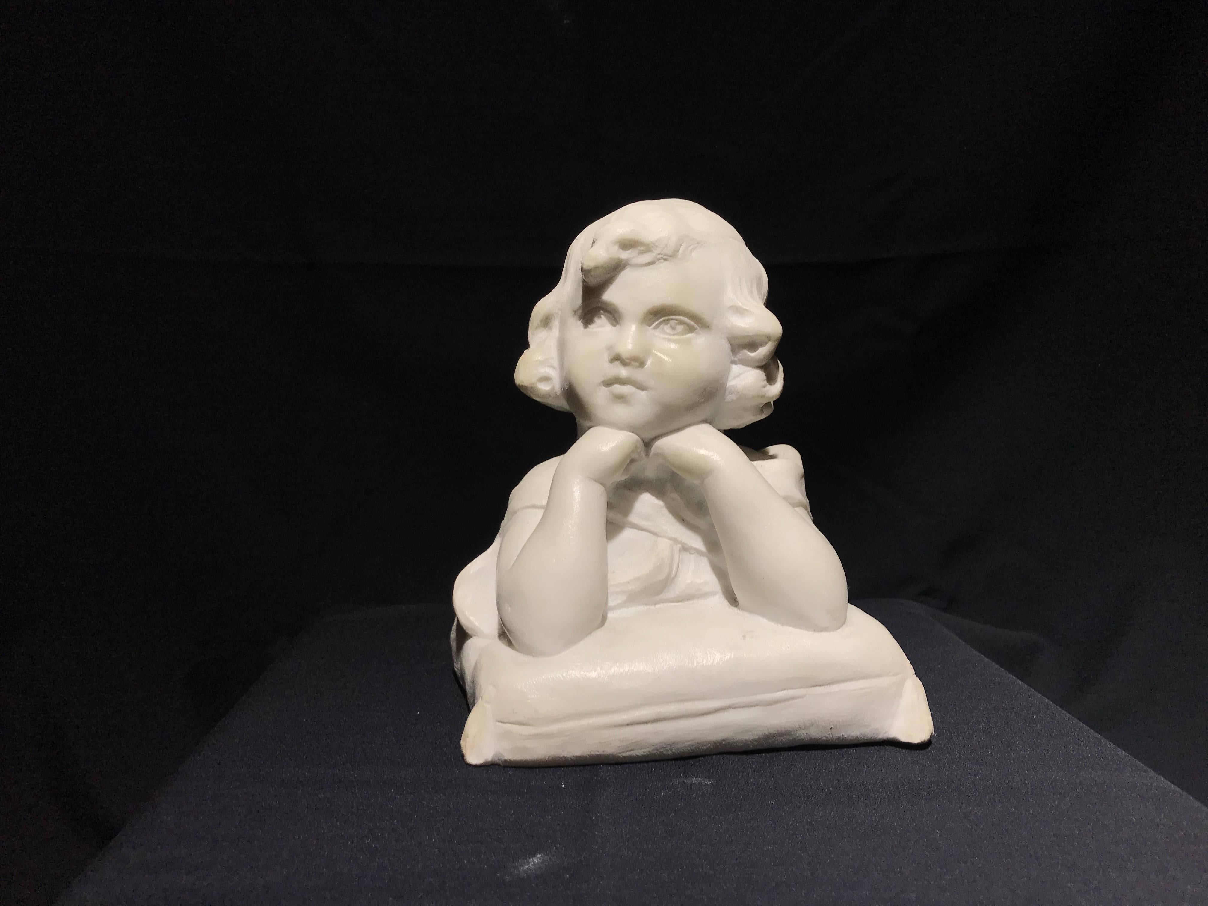 A very beautiful and classical theme of sculpture, an young angel portrayed when is thinking with his chin on his hands. It is an allegorical scene that illustrated the thought, and its importance and its statement of mind that is suspended between