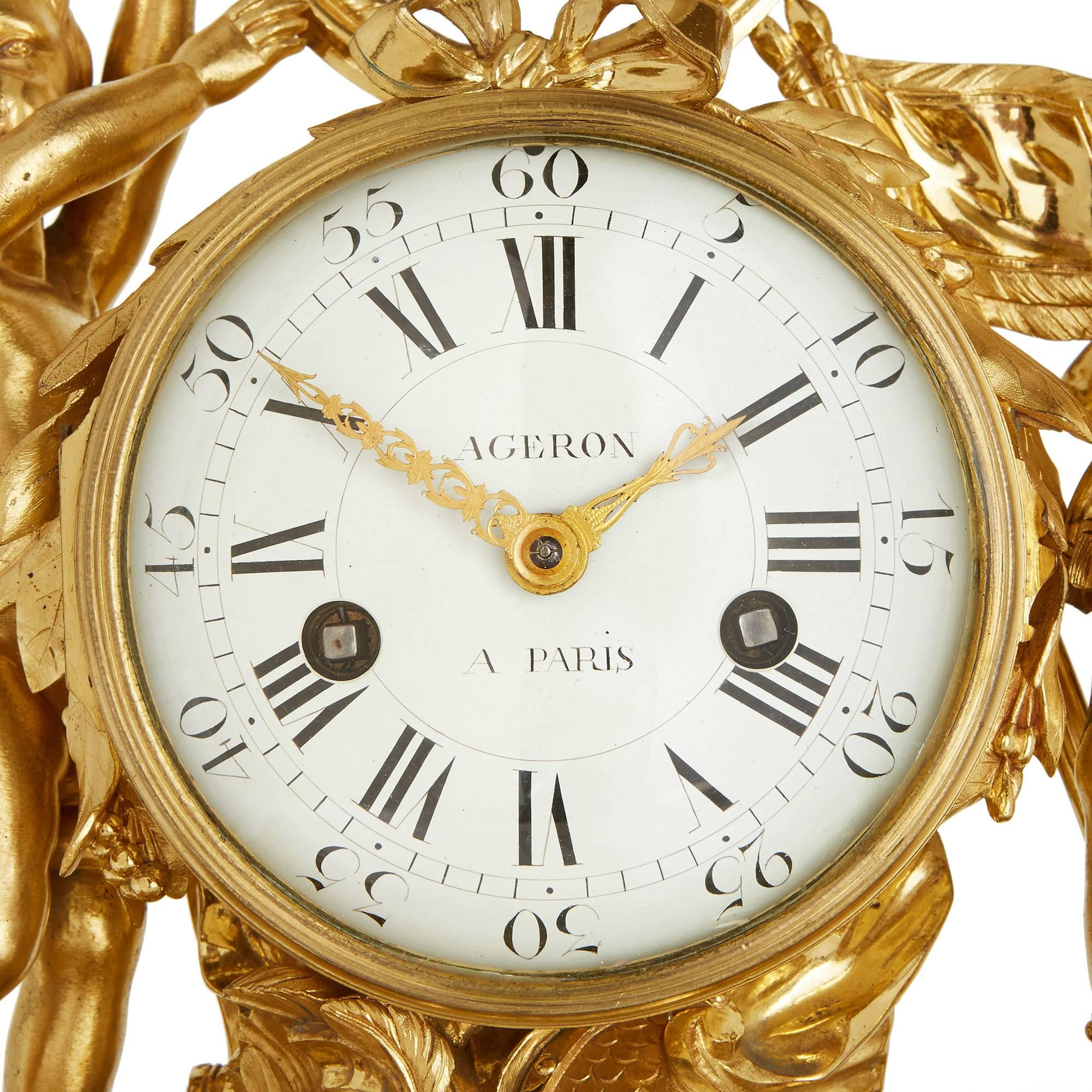 This endearing French mantel clock combines lustrous ormolu and sumptuous white marble, making for a light and yet majestic work that perfectly compliments the masterfully executed Neoclassical design. 

The clock features the full-length ormolu