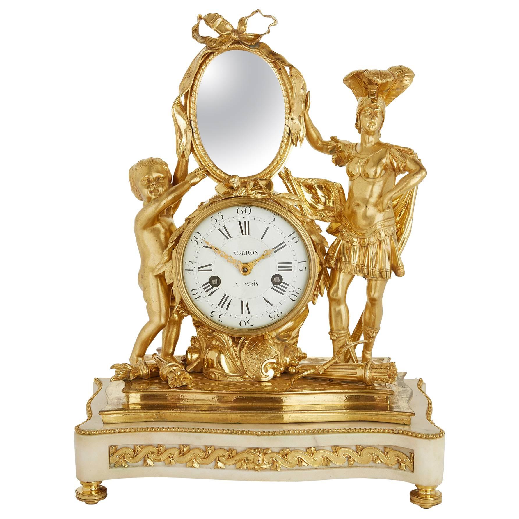 Horloge de cheminée de style néoclassique du 19e siècle en ormeau et marbre