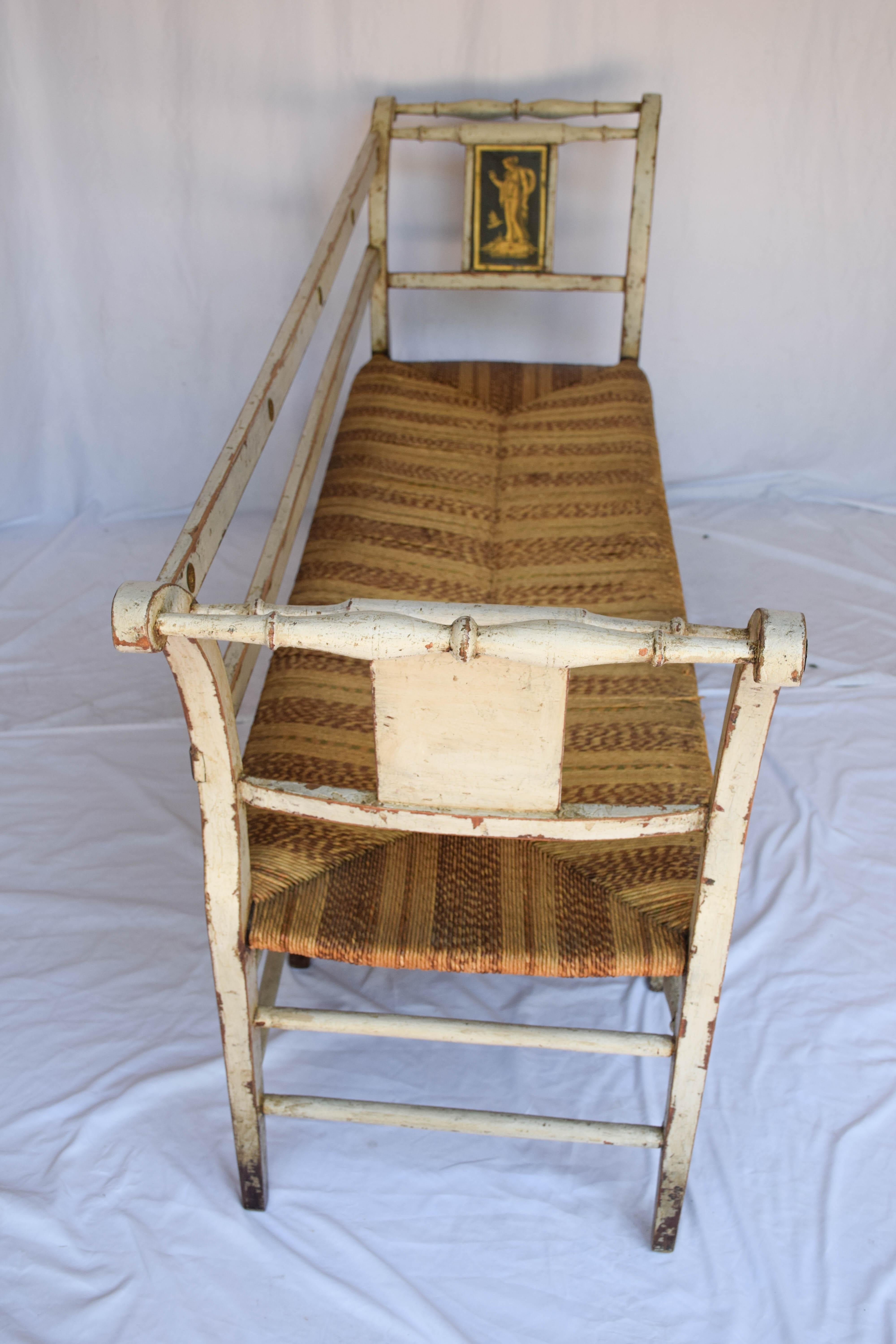 19th Century Neoclassical Style Polychrome Painted Rush Seat Settee 6