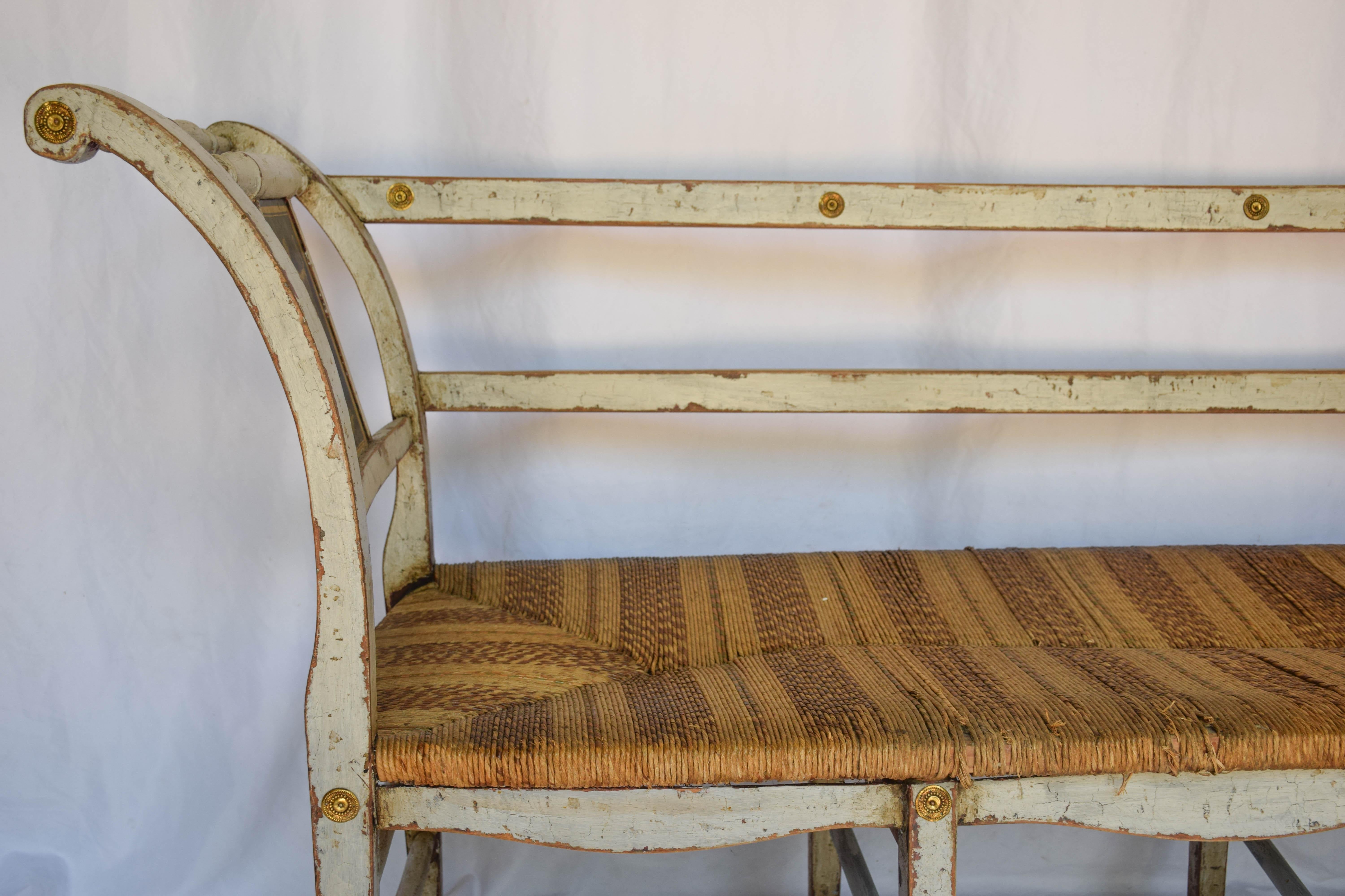 19th Century Neoclassical Style Polychrome Painted Rush Seat Settee 1