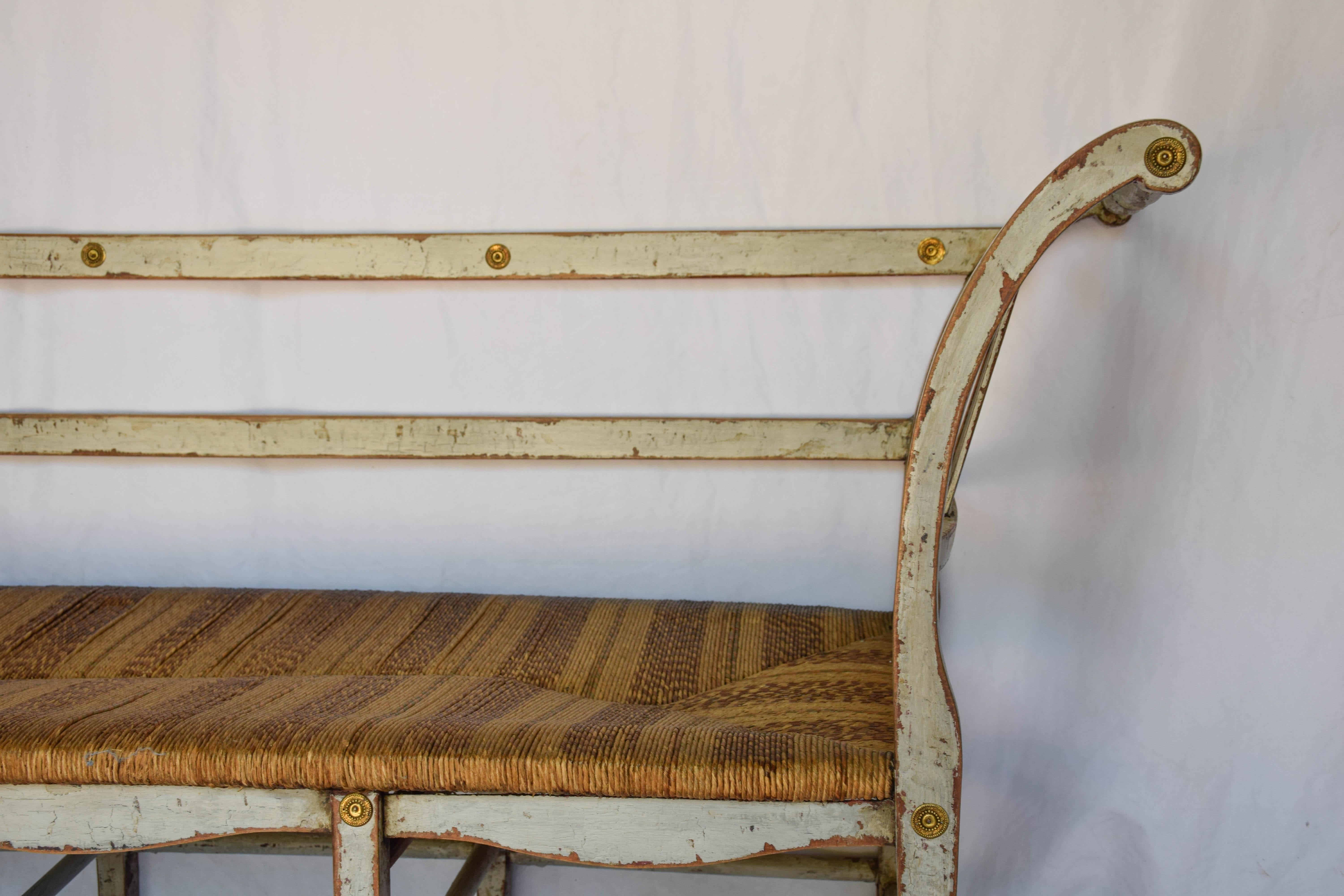 19th Century Neoclassical Style Polychrome Painted Rush Seat Settee 3