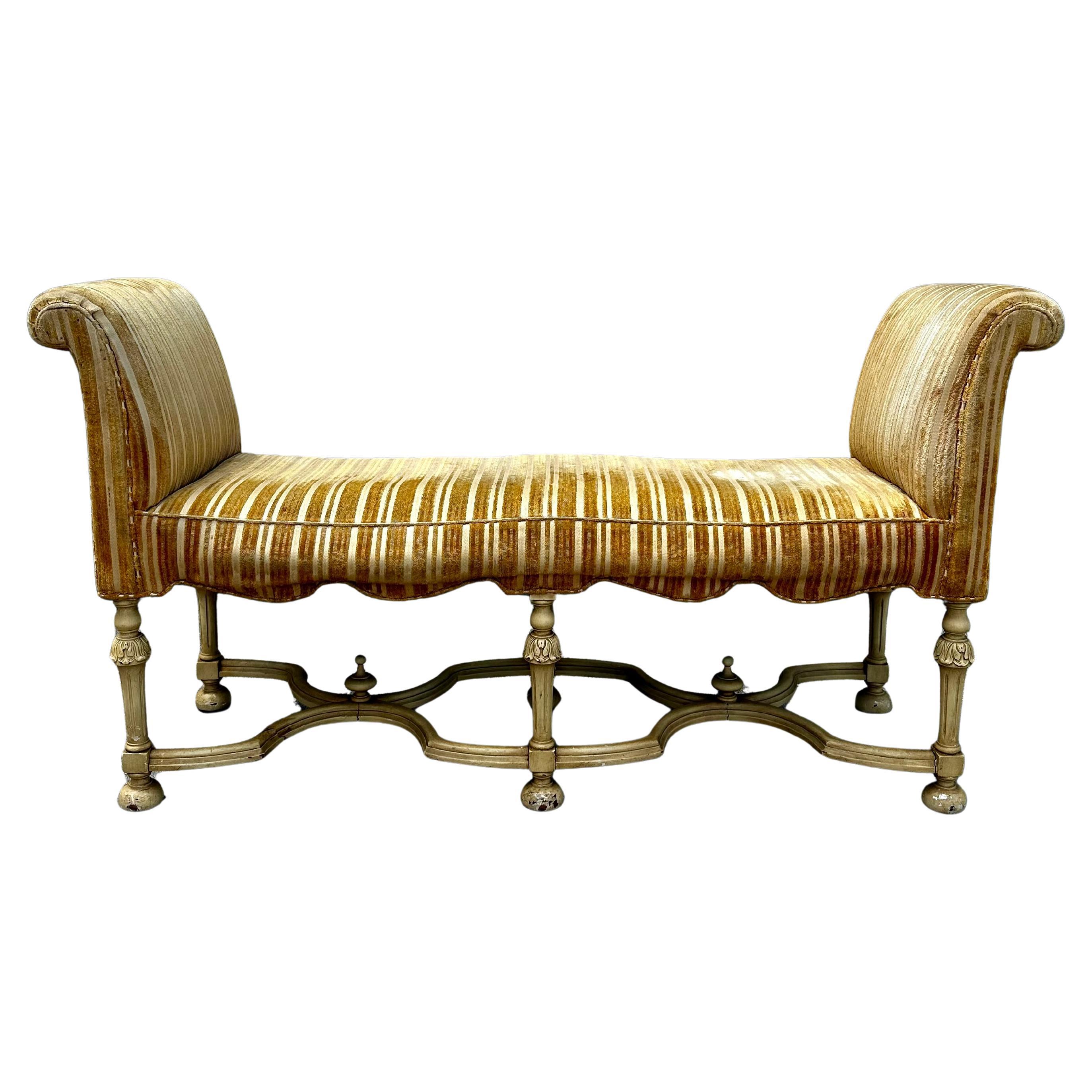 19th Century Neoclassical Style Scalloped Velvet Yellow Bench Window Seat For Sale