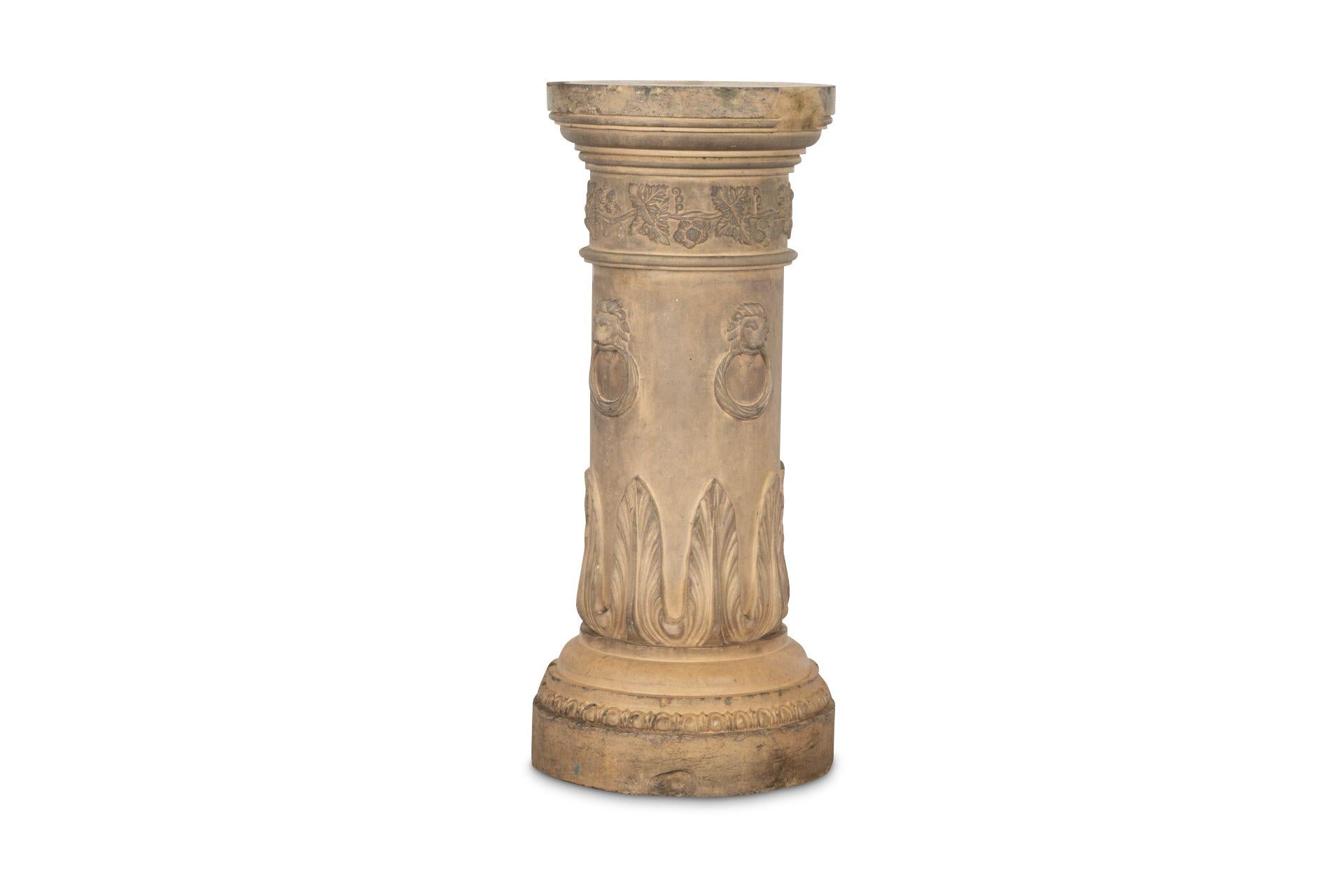 ﻿ A good quality 19th Century Neo-classical buff terracotta Plinth/Column, with a stepped moulded shoulder above a border of intertwined grapevines with 4 lion masks with rings in the mouths and acanthus leaves, terminating in a stepped moulded