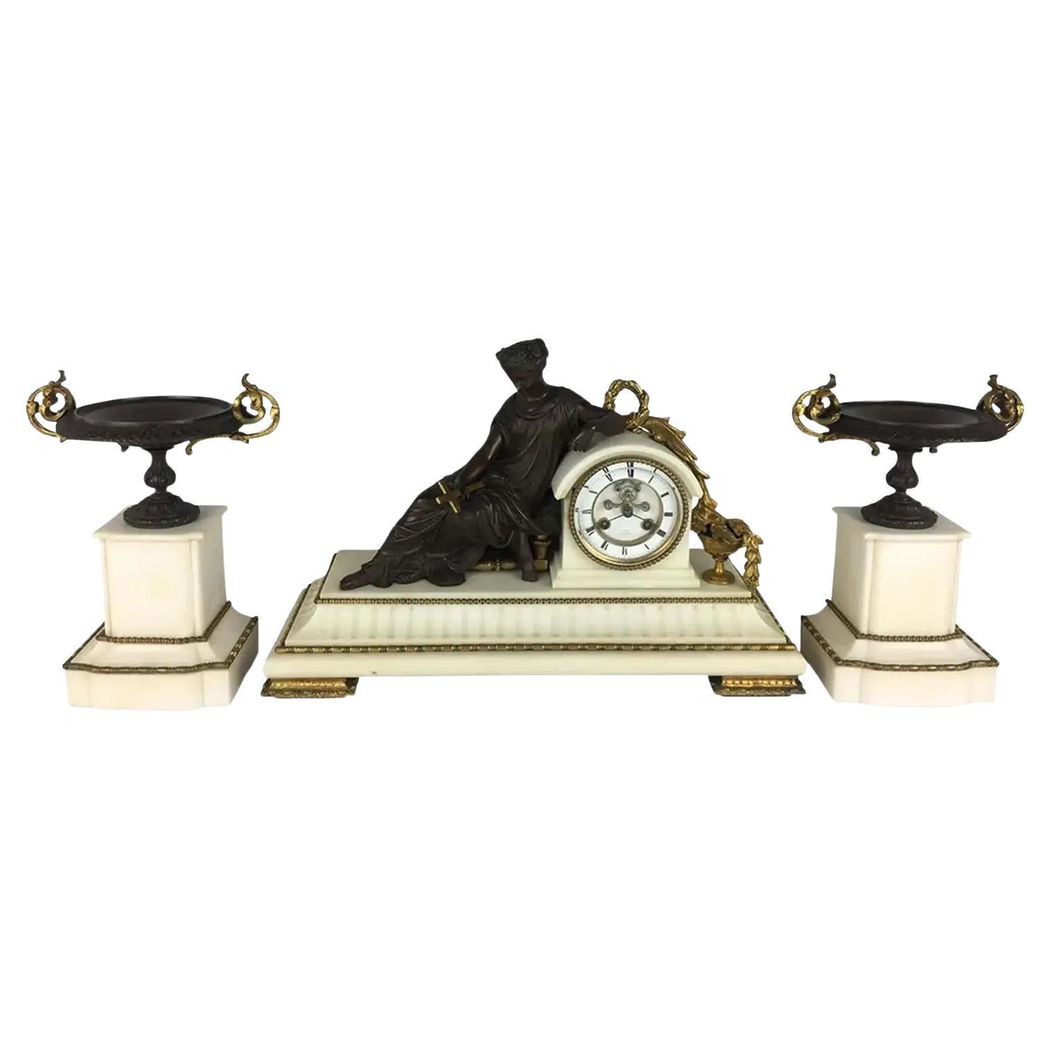 19th Century Neoclassical White Marble and Gilt Bronze Mantel Clock Set, c. 1860 For Sale
