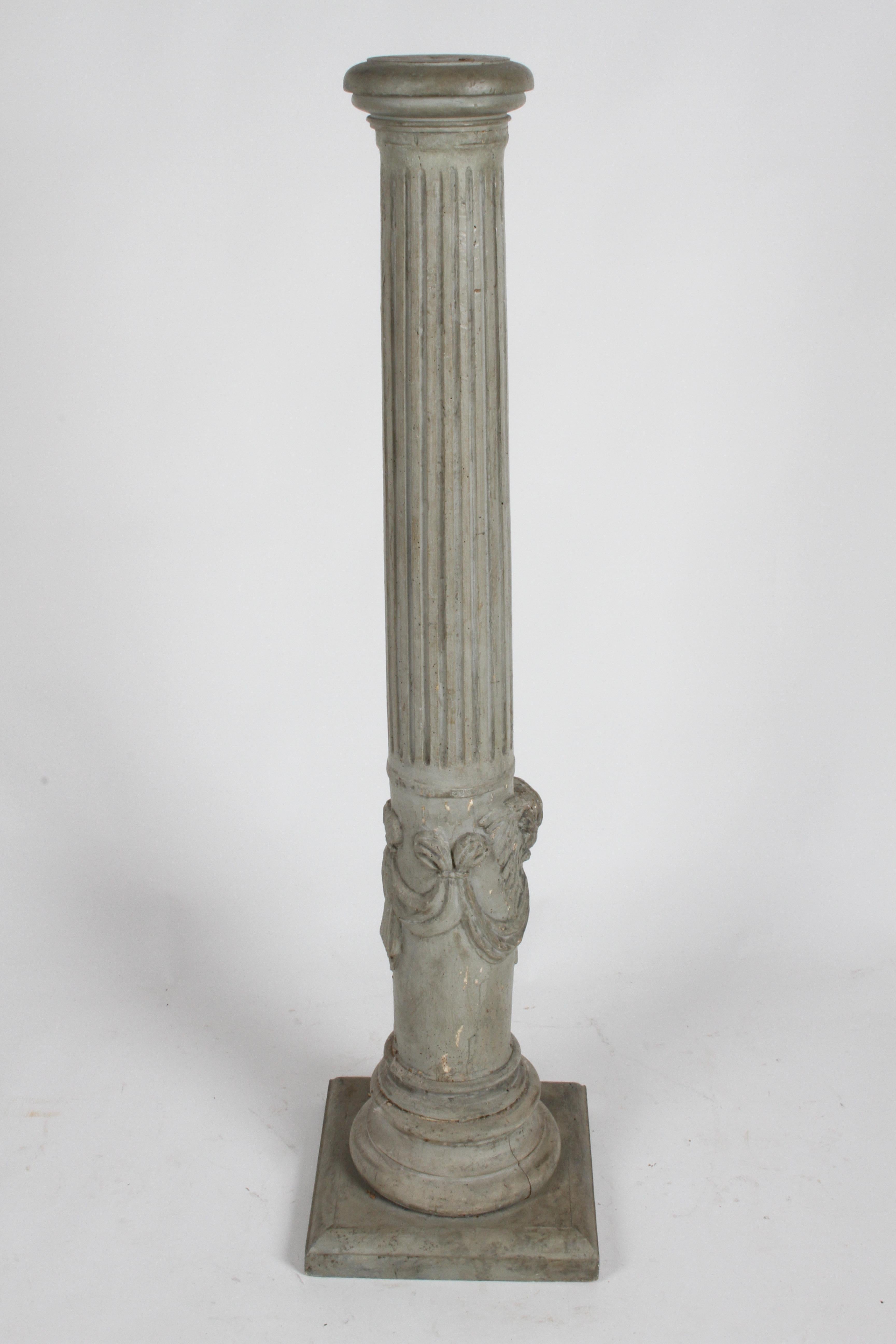 19th Century Neoclassical Wood Fluted Column with Carved Winged Angel Gray Paint 5