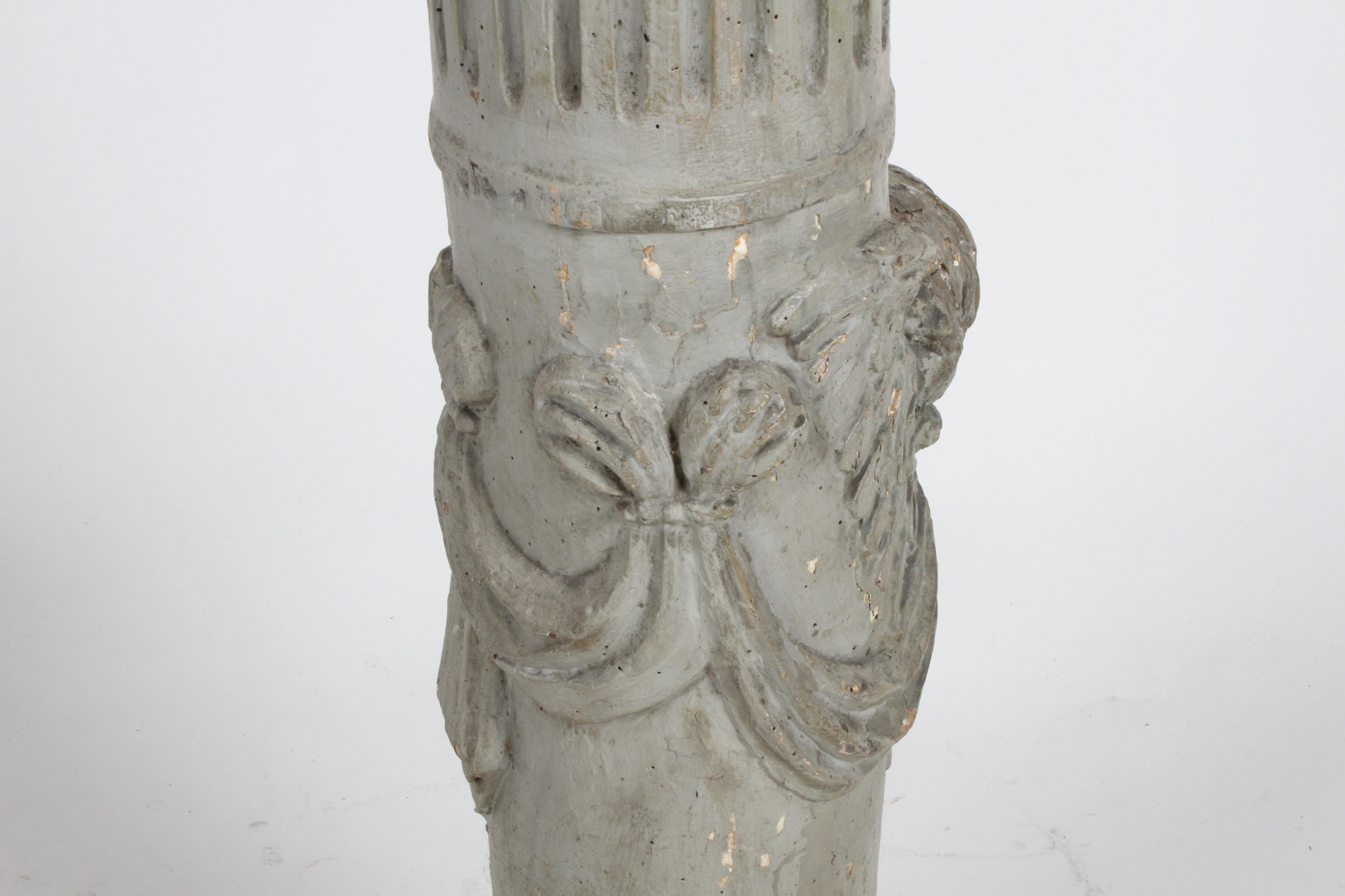 19th Century Neoclassical Wood Fluted Column with Carved Winged Angel Gray Paint 6