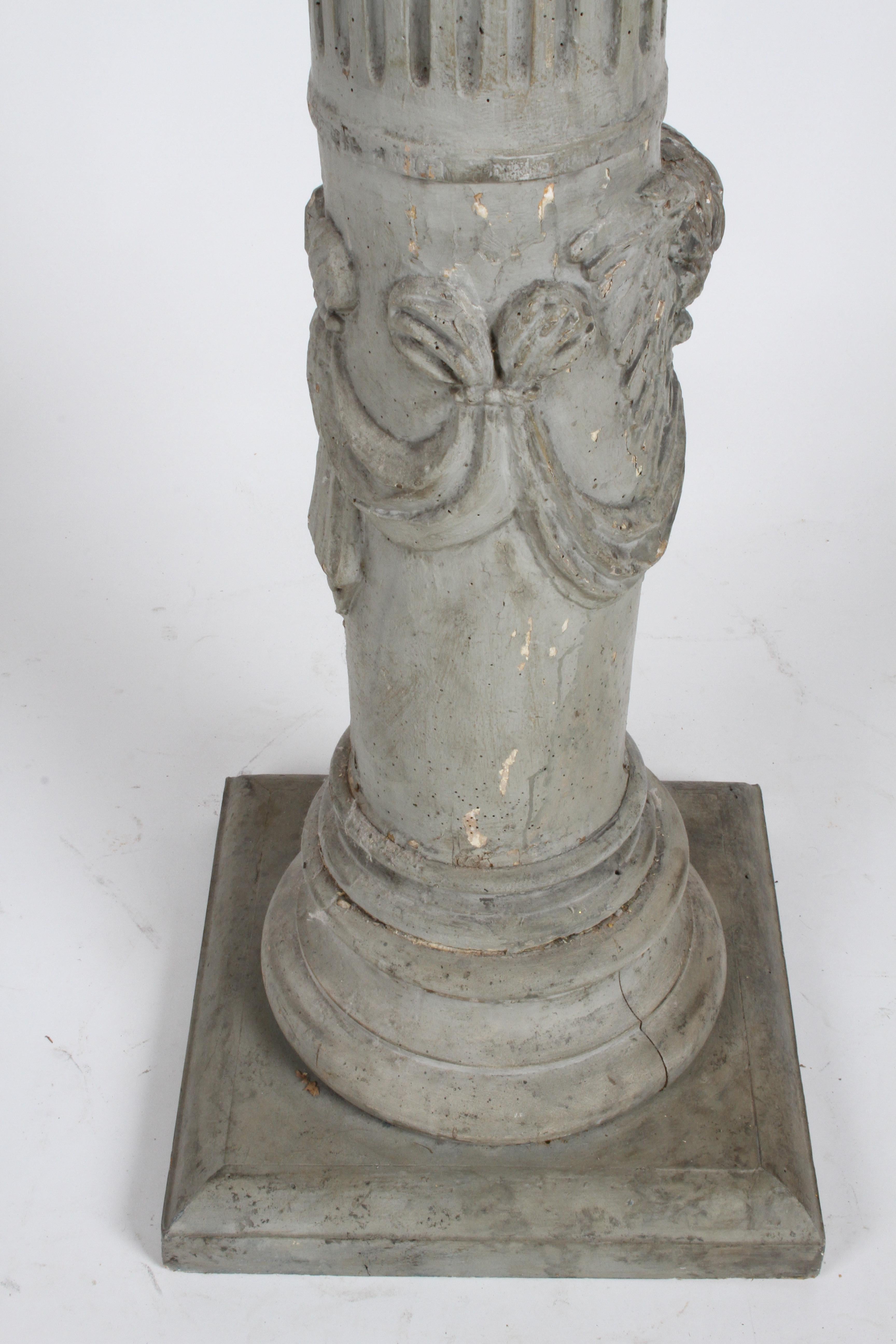 19th Century Neoclassical Wood Fluted Column with Carved Winged Angel Gray Paint 7