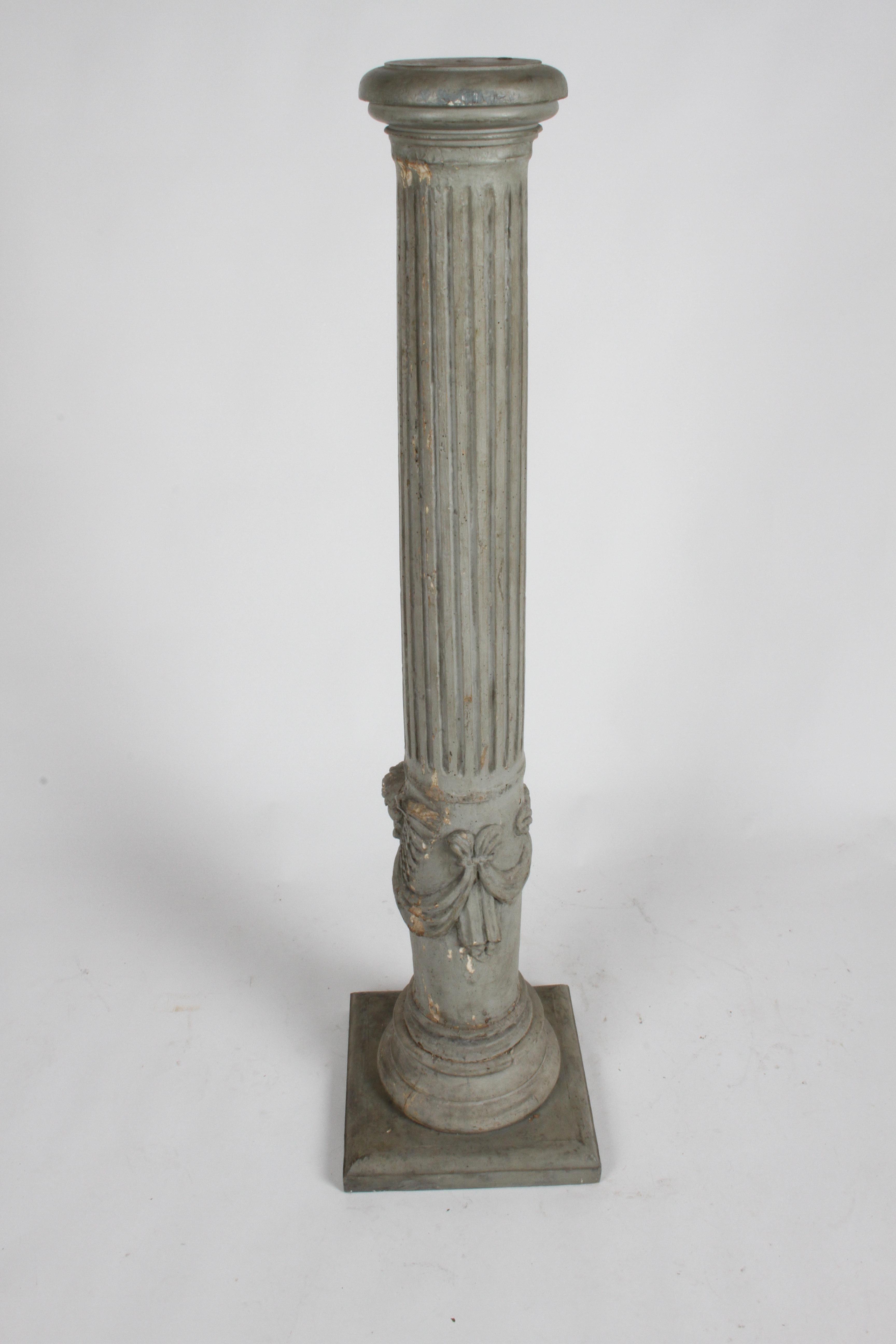 19th Century Neoclassical Wood Fluted Column with Carved Winged Angel Gray Paint 8