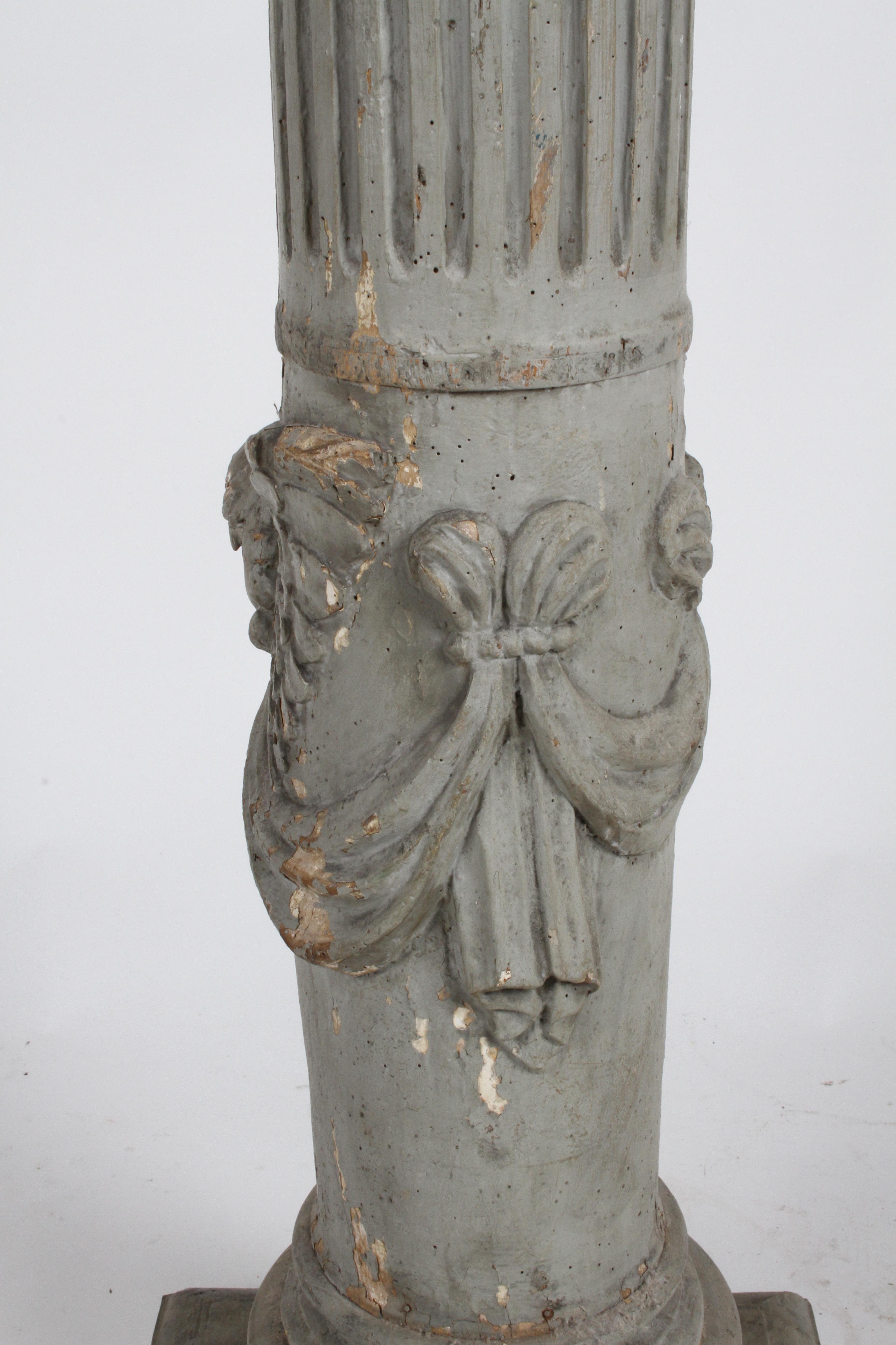 19th Century Neoclassical Wood Fluted Column with Carved Winged Angel Gray Paint 9