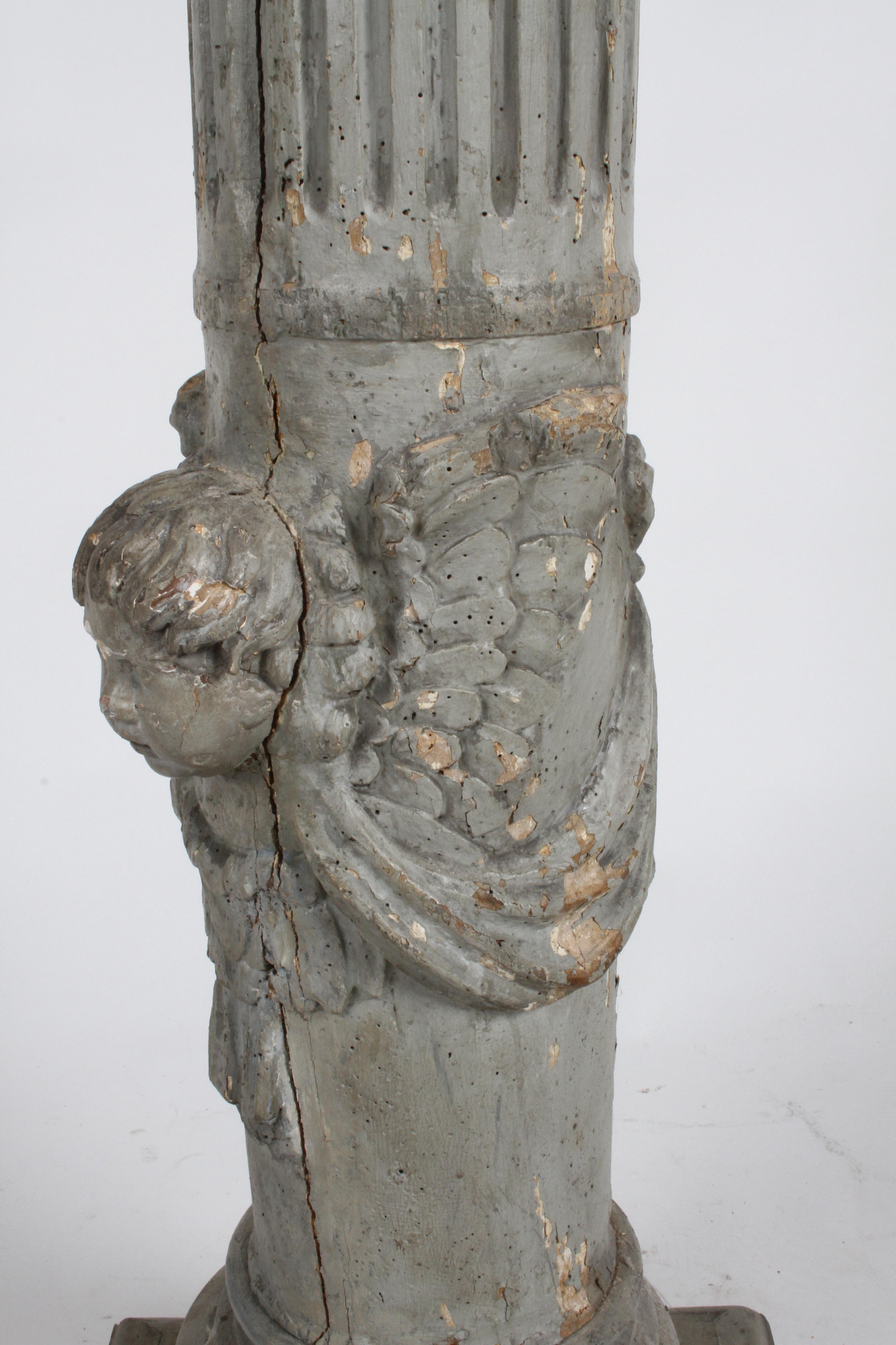 19th Century Neoclassical Wood Fluted Column with Carved Winged Angel Gray Paint 12
