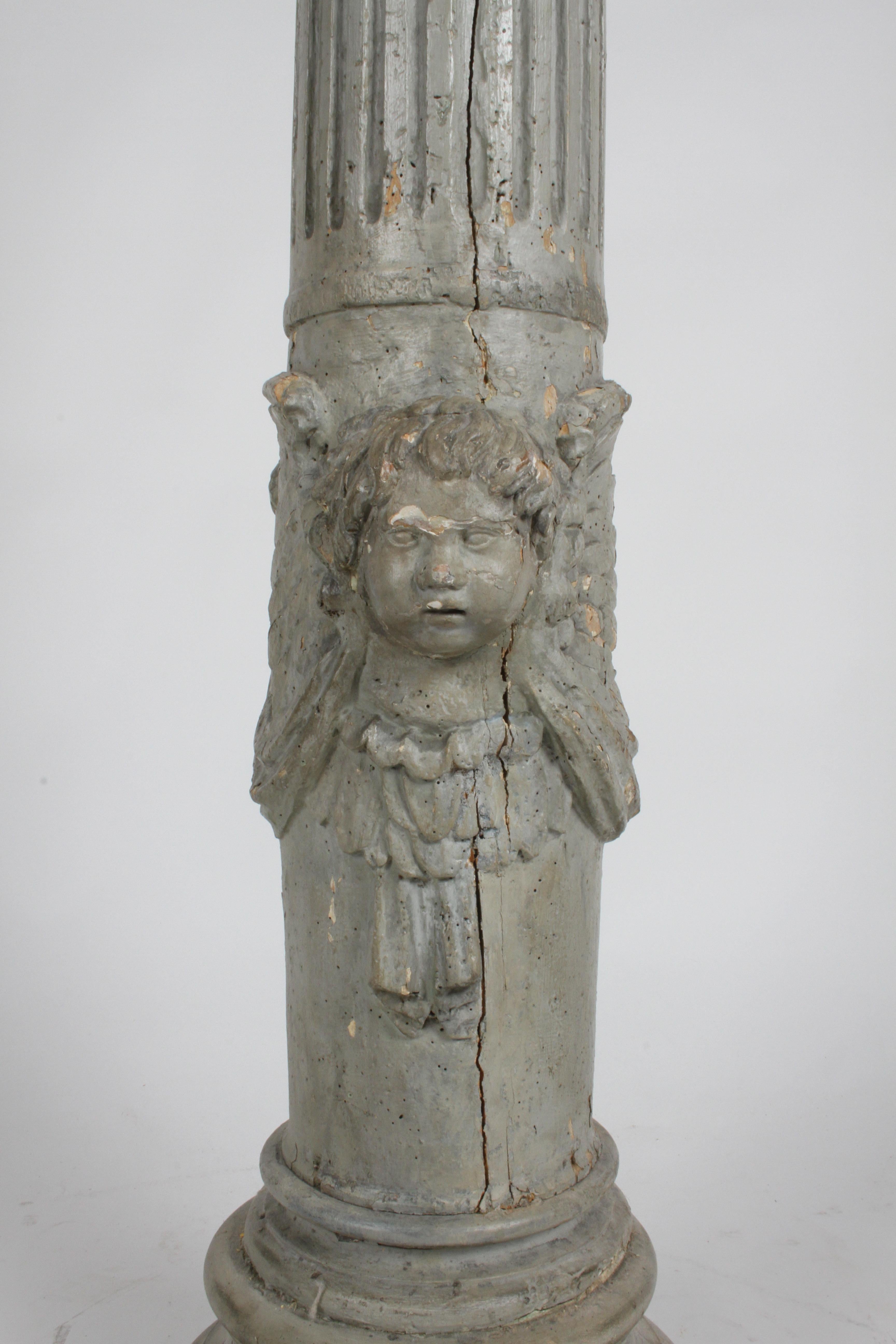 Italian 19th Century Neoclassical Wood Fluted Column with Carved Winged Angel Gray Paint