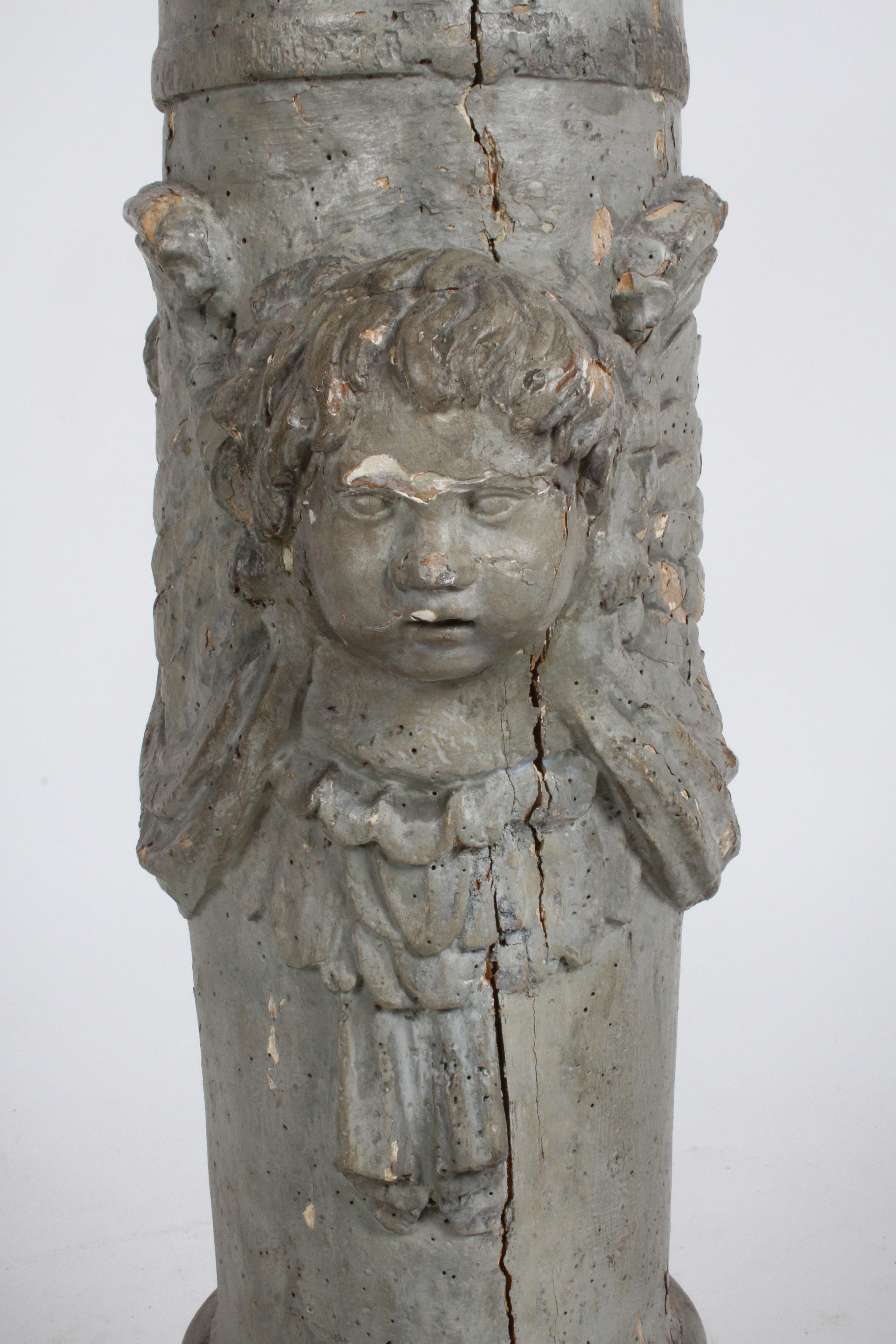 Hand-Carved 19th Century Neoclassical Wood Fluted Column with Carved Winged Angel Gray Paint