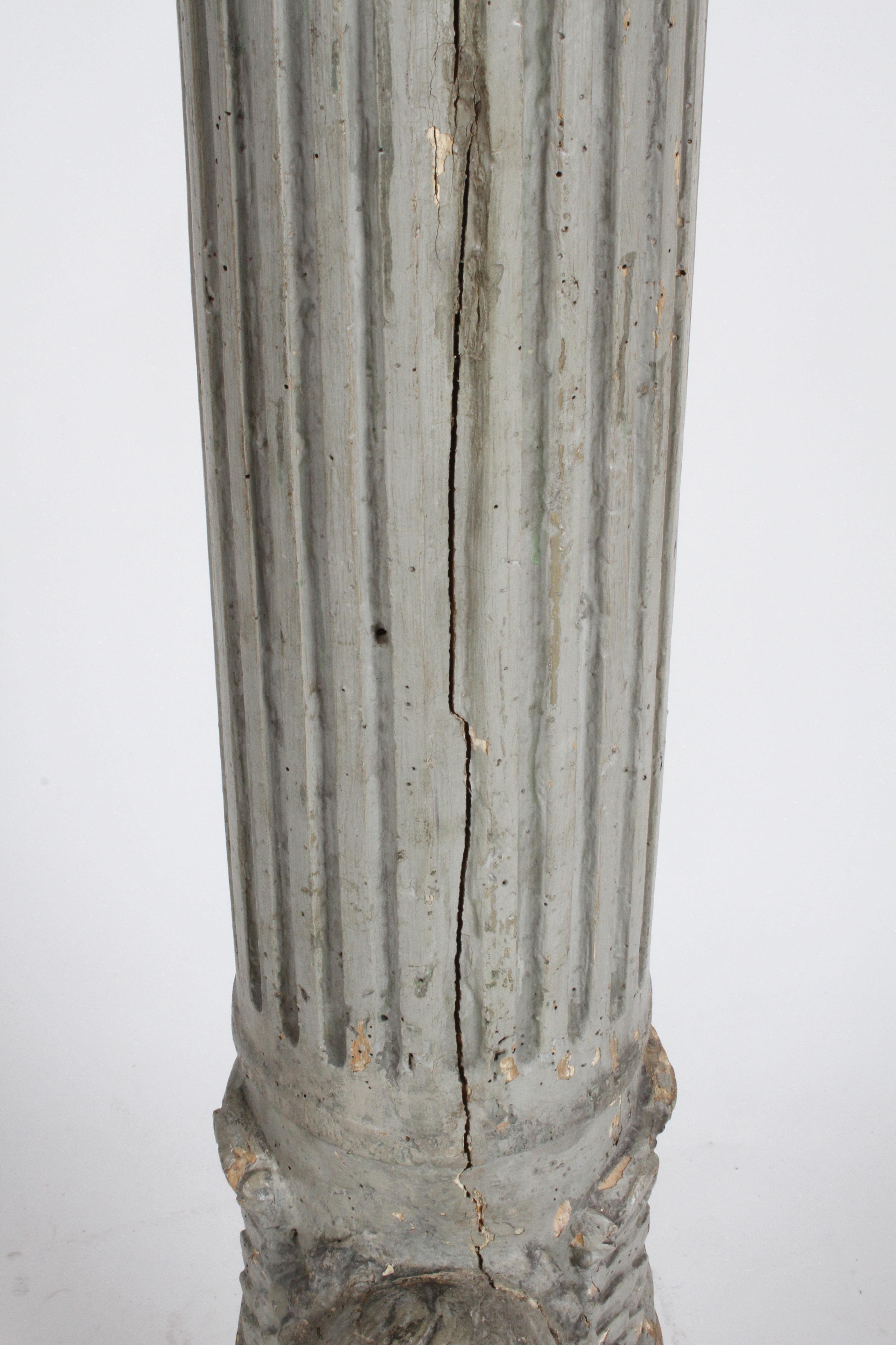 19th Century Neoclassical Wood Fluted Column with Carved Winged Angel Gray Paint In Good Condition In St. Louis, MO