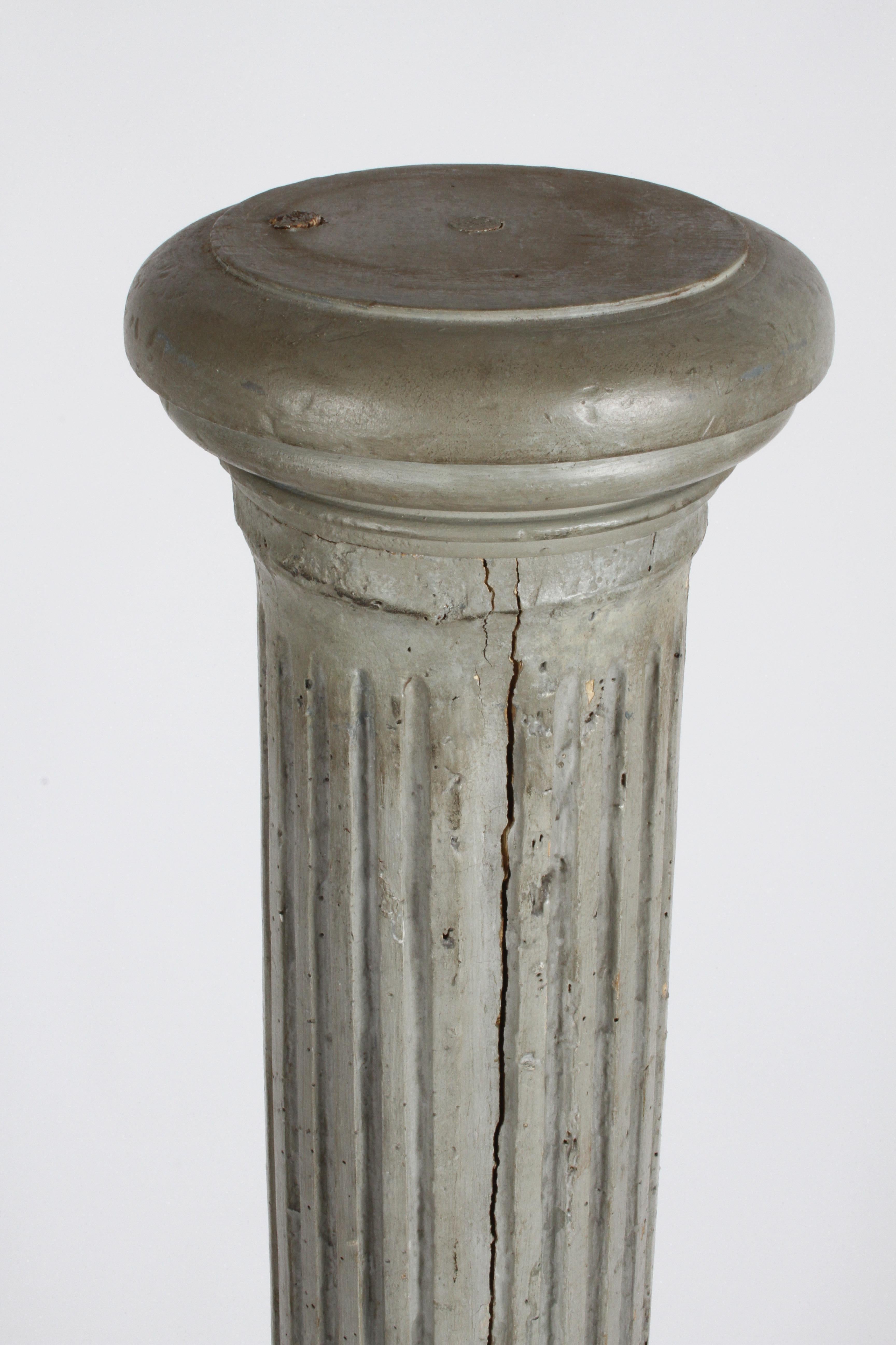 18th Century 19th Century Neoclassical Wood Fluted Column with Carved Winged Angel Gray Paint