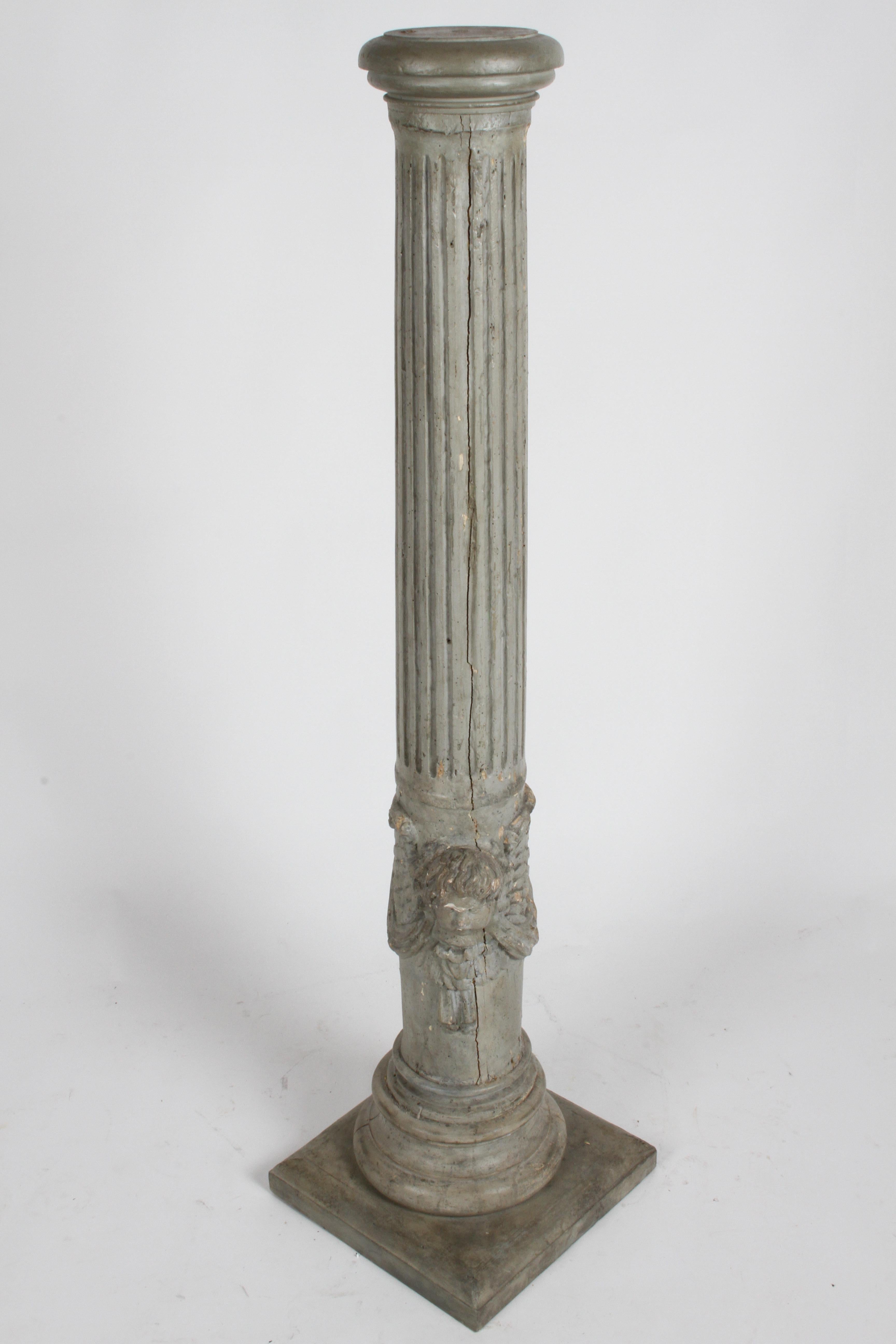 19th Century Neoclassical Wood Fluted Column with Carved Winged Angel Gray Paint 1