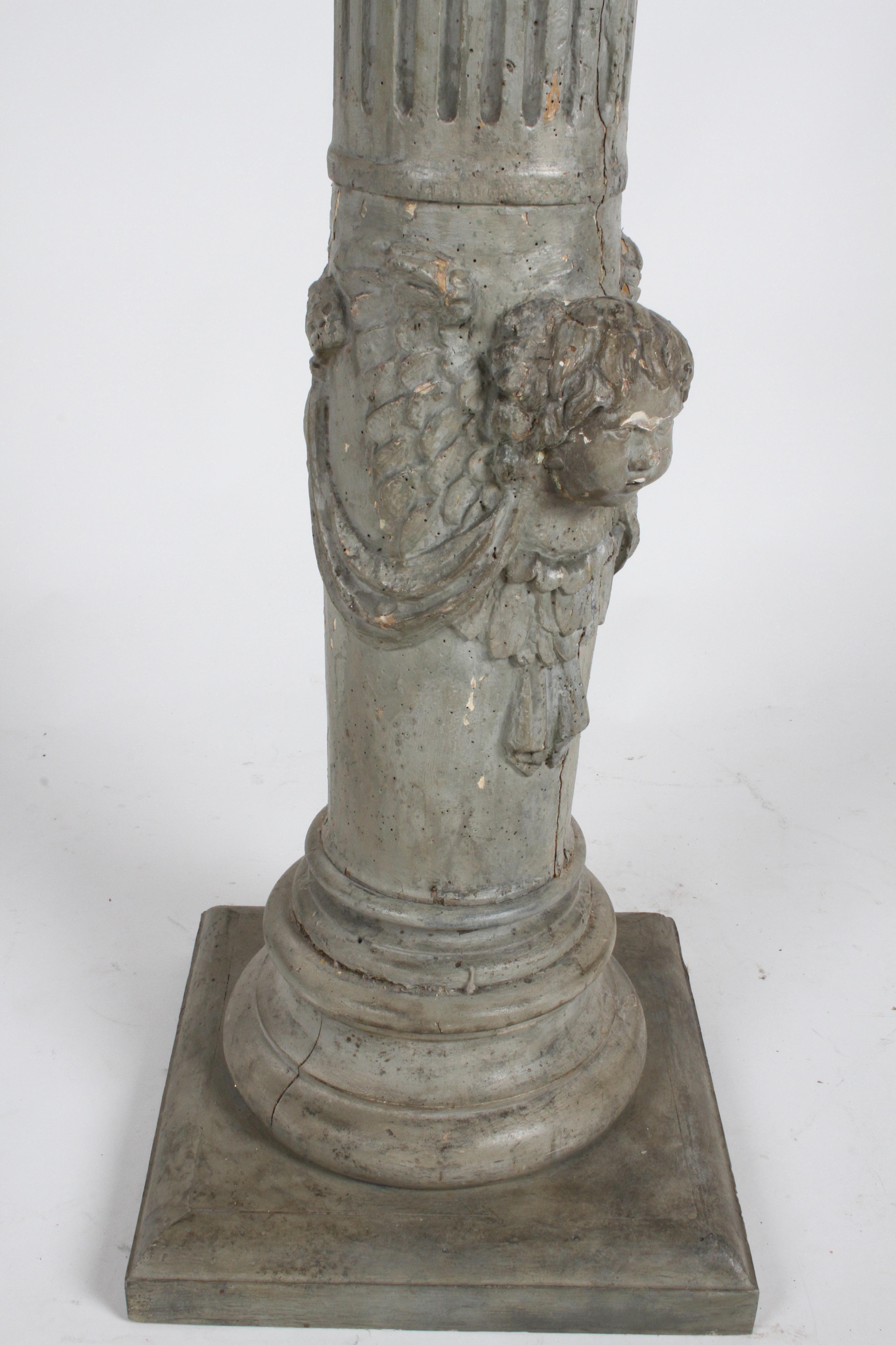 19th Century Neoclassical Wood Fluted Column with Carved Winged Angel Gray Paint 3