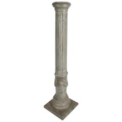 19th Century Neoclassical Wood Fluted Column with Carved Winged Angel Gray Paint