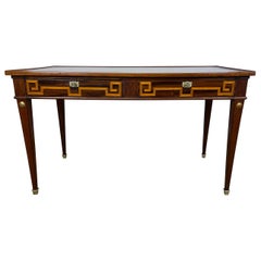 19th Century Neoclassical Writing Desk with Greek Key Design Brown Leather Top