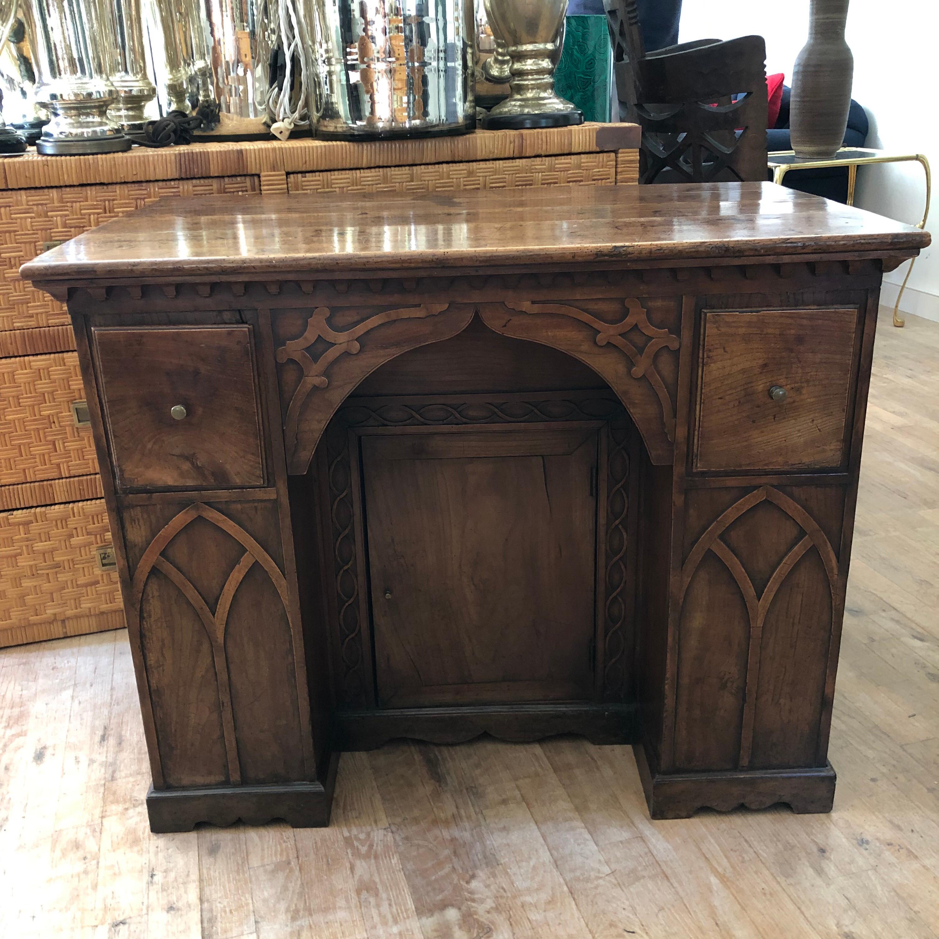 19th Century Neogothic Fruitwood Kneehole Desk 8