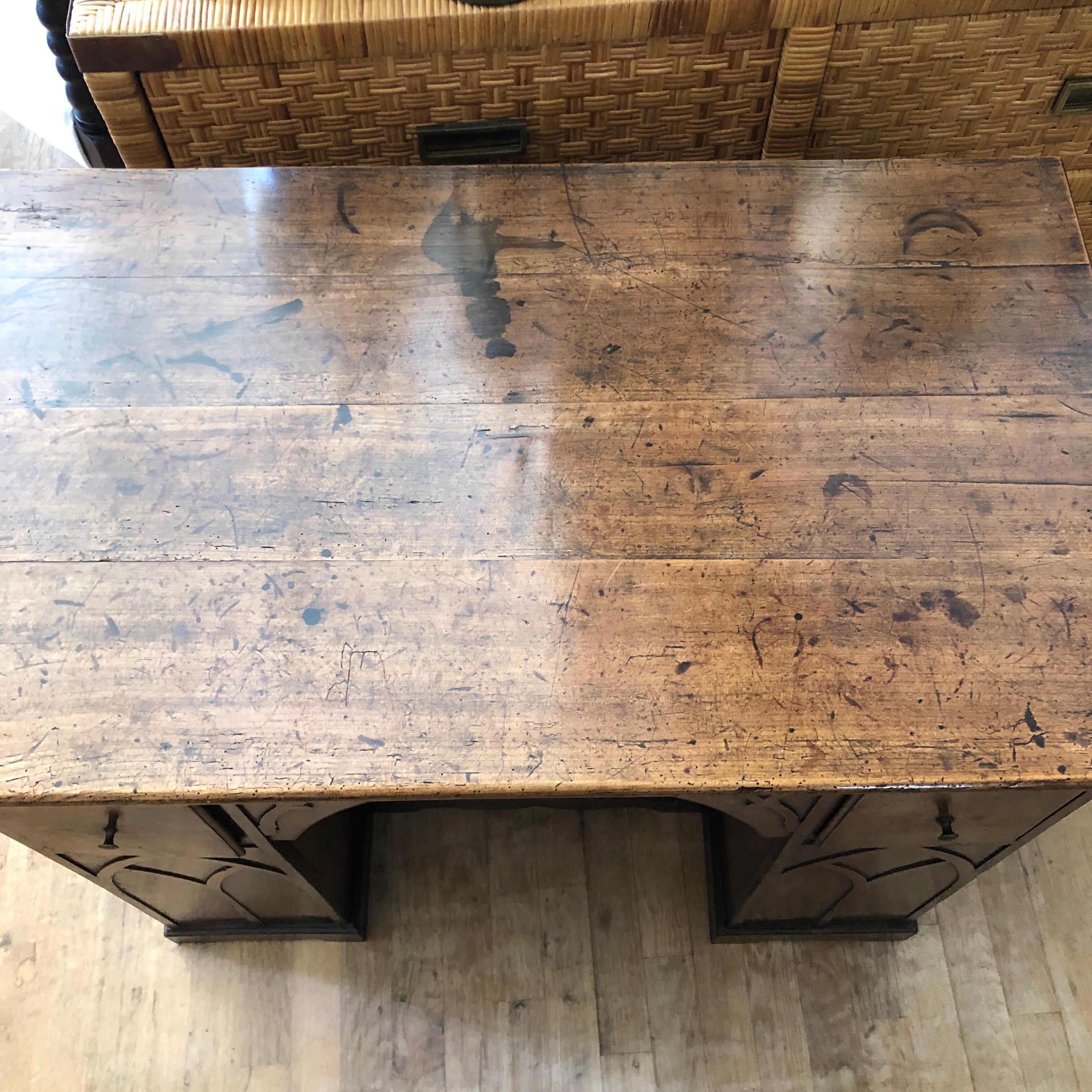 19th Century Neogothic Fruitwood Kneehole Desk 1
