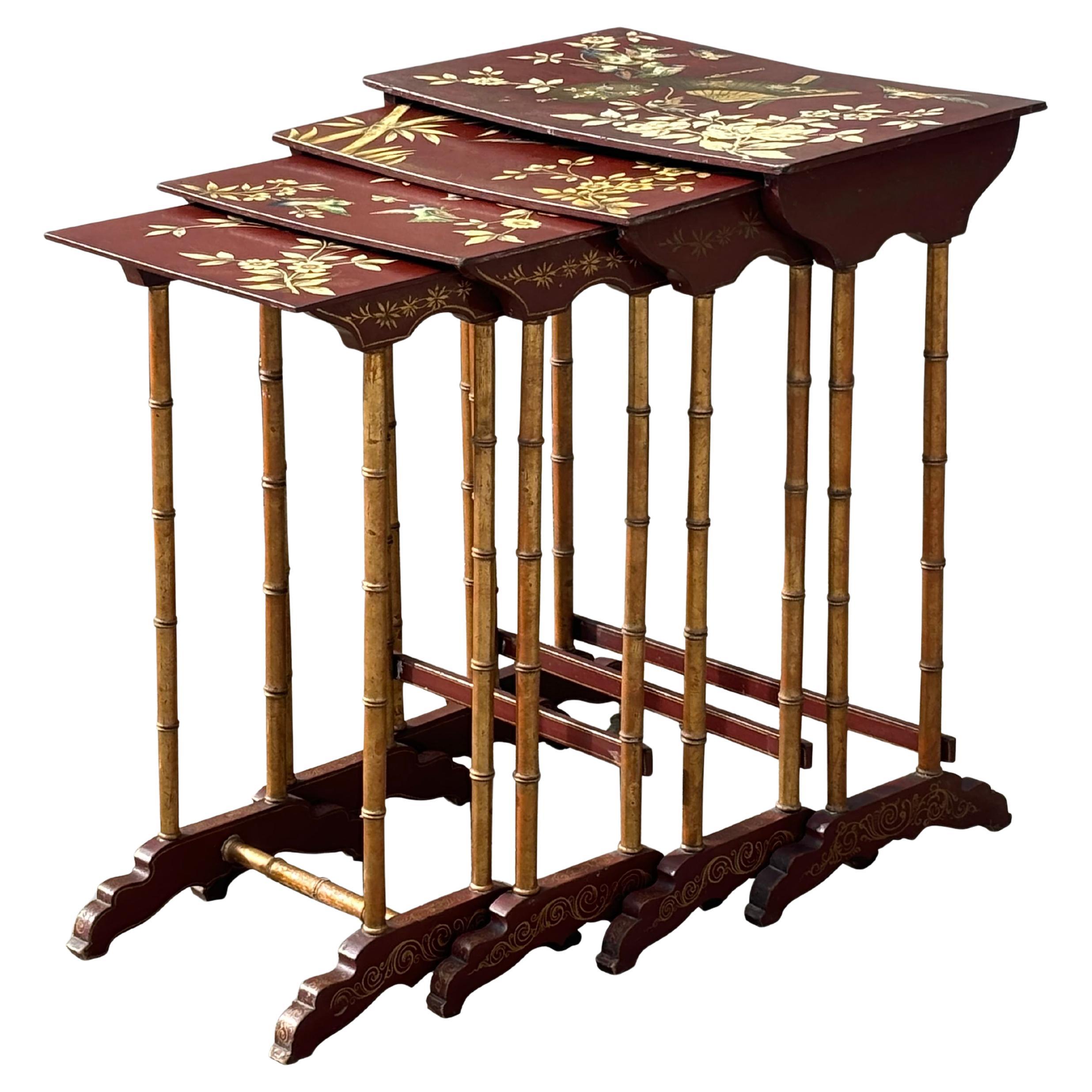 19th Century Nest of Four French Floral Painted Tables