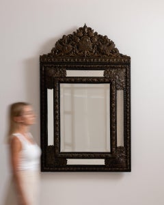 19th Century Netherland Rich Walnut Brown Carved Walnut Mirror Paneled Border