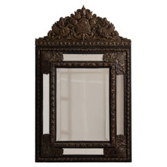19th Century Netherland Rich Walnut Brown Carved Walnut Mirror Paneled Border