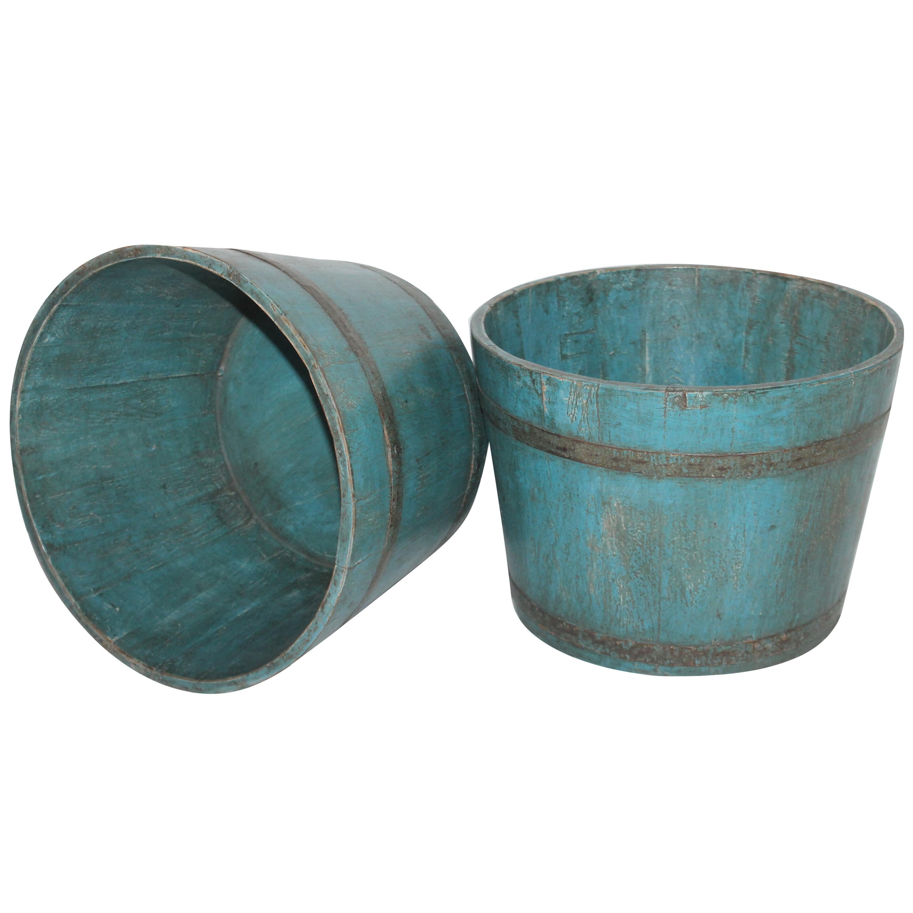 19th Century New England Blue Painted Buckets / Planters, Pair For Sale