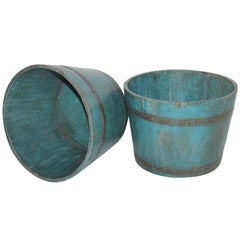 Used 19th Century New England Blue Painted Buckets / Planters, Pair