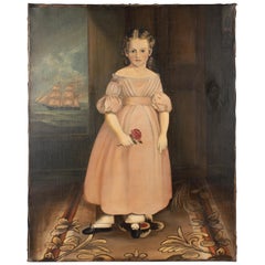 19th Century New England Portrait of Girl with Sailing Ship