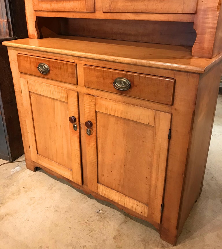 19th Century New England Two Part Tiger Maple Cupboard Or Hutch At