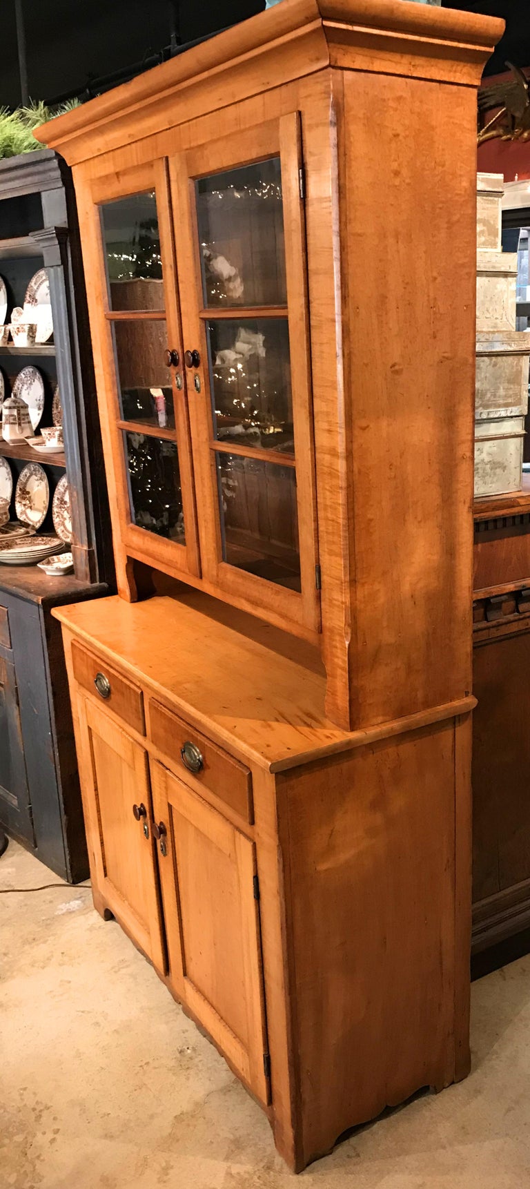 19th Century New England Two Part Tiger Maple Cupboard Or Hutch At