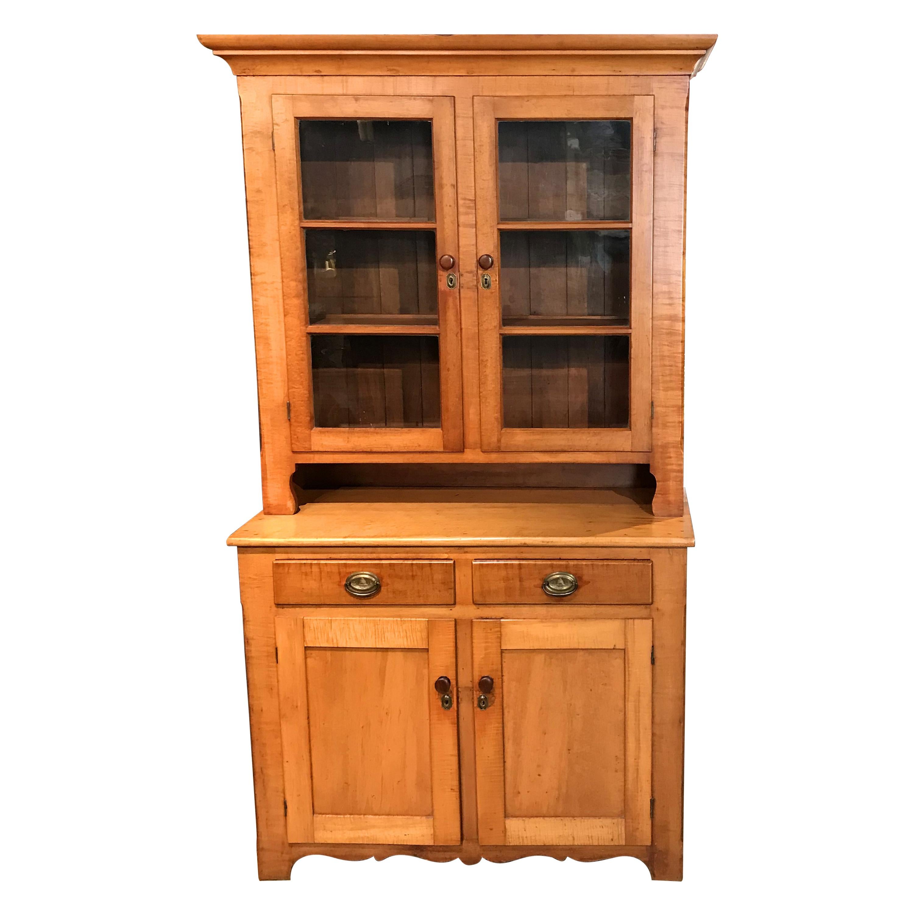 19th Century New England Two Part Tiger Maple Cupboard or Hutch