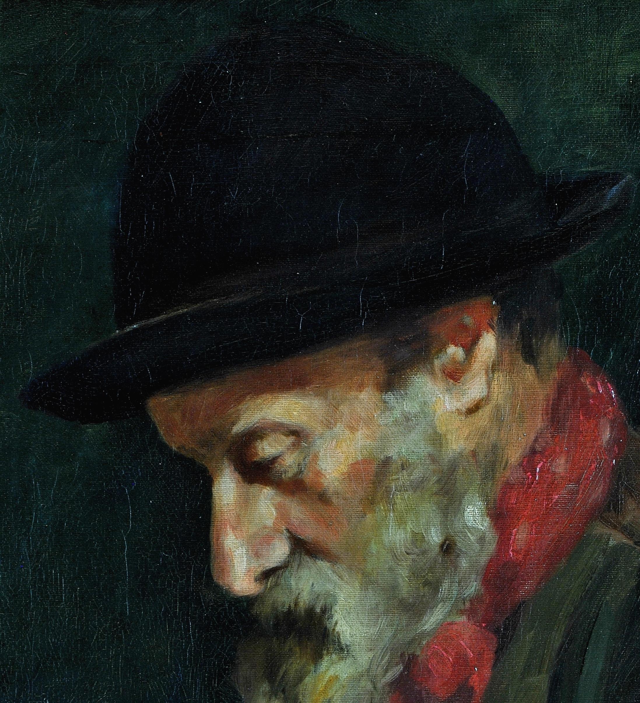 A fine late 19th century Newlyn School oil on canvas portrait of a Cornish man. Fine quality portrait of the elderly working man seated in a chair wearing dark clothing and a red scarf, with a beautiful dappled light falling on his face.

Very close