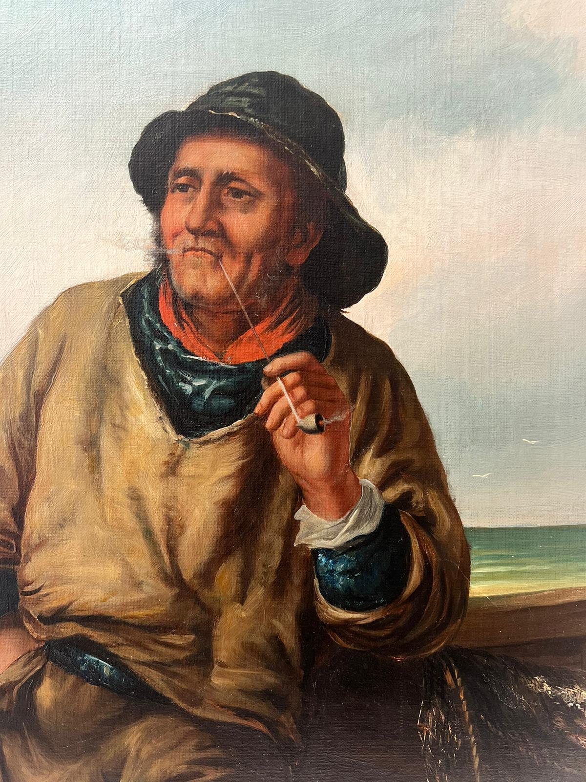 Cornish Fisherman Standing Smoking Clay Pipe Antique Newlyn School Oil Portrait - Painting by 19th Century Newlyn School