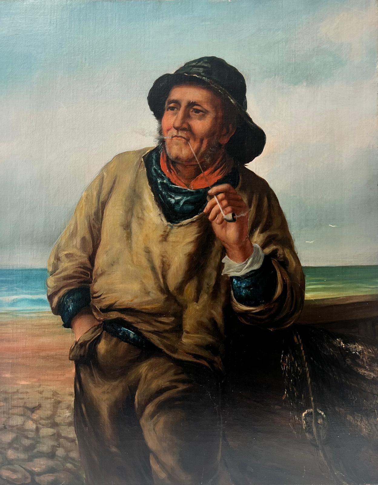Portrait à l'huile ancien d'un pêcheur de Cornouailles debout fumant une pipe, école de Newlyn