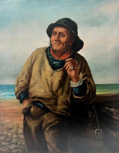 Cornish Fisherman Standing Smoking Clay Pipe Antique Newlyn School Oil Portrait
