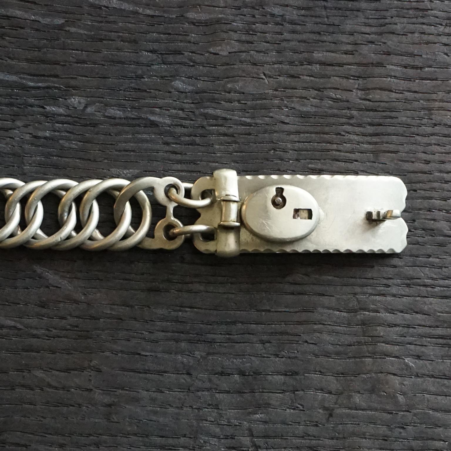 19th Century Nickel Silver French Adjustable Linked Dog Collar with Lock and Key 5