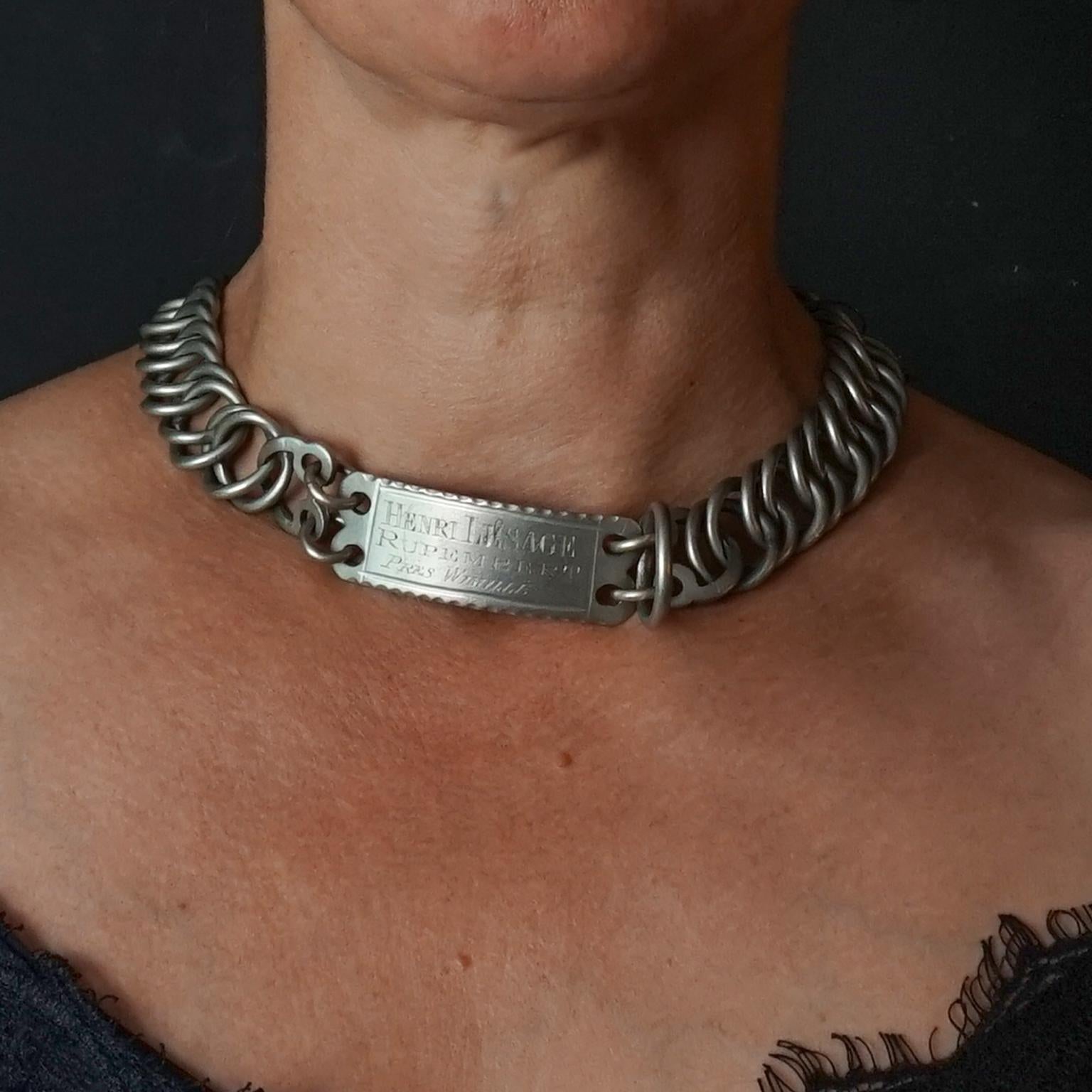 Engraved 19th Century Nickel Silver French Adjustable Linked Dog Collar with Lock and Key