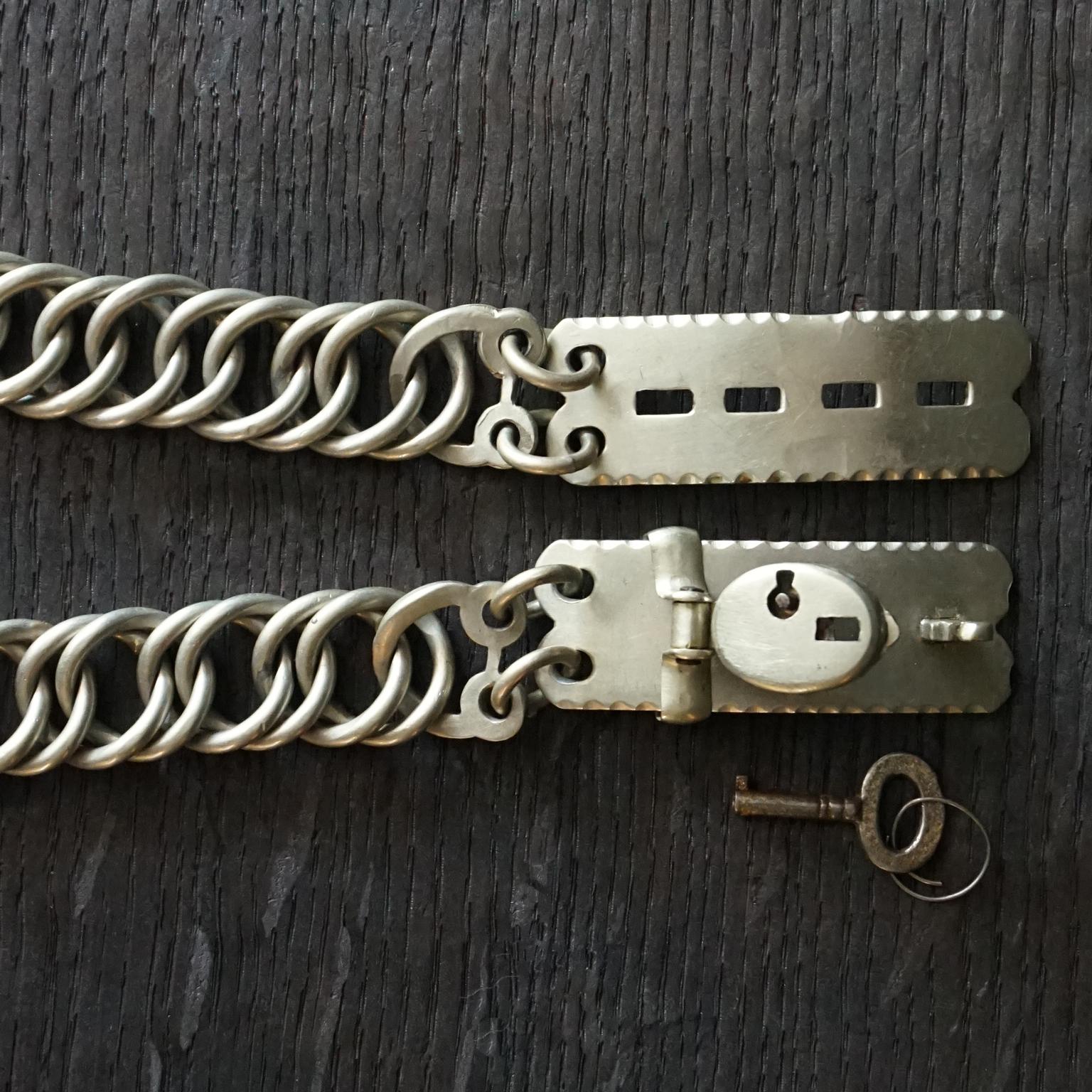 19th Century Nickel Silver French Adjustable Linked Dog Collar with Lock and Key 1